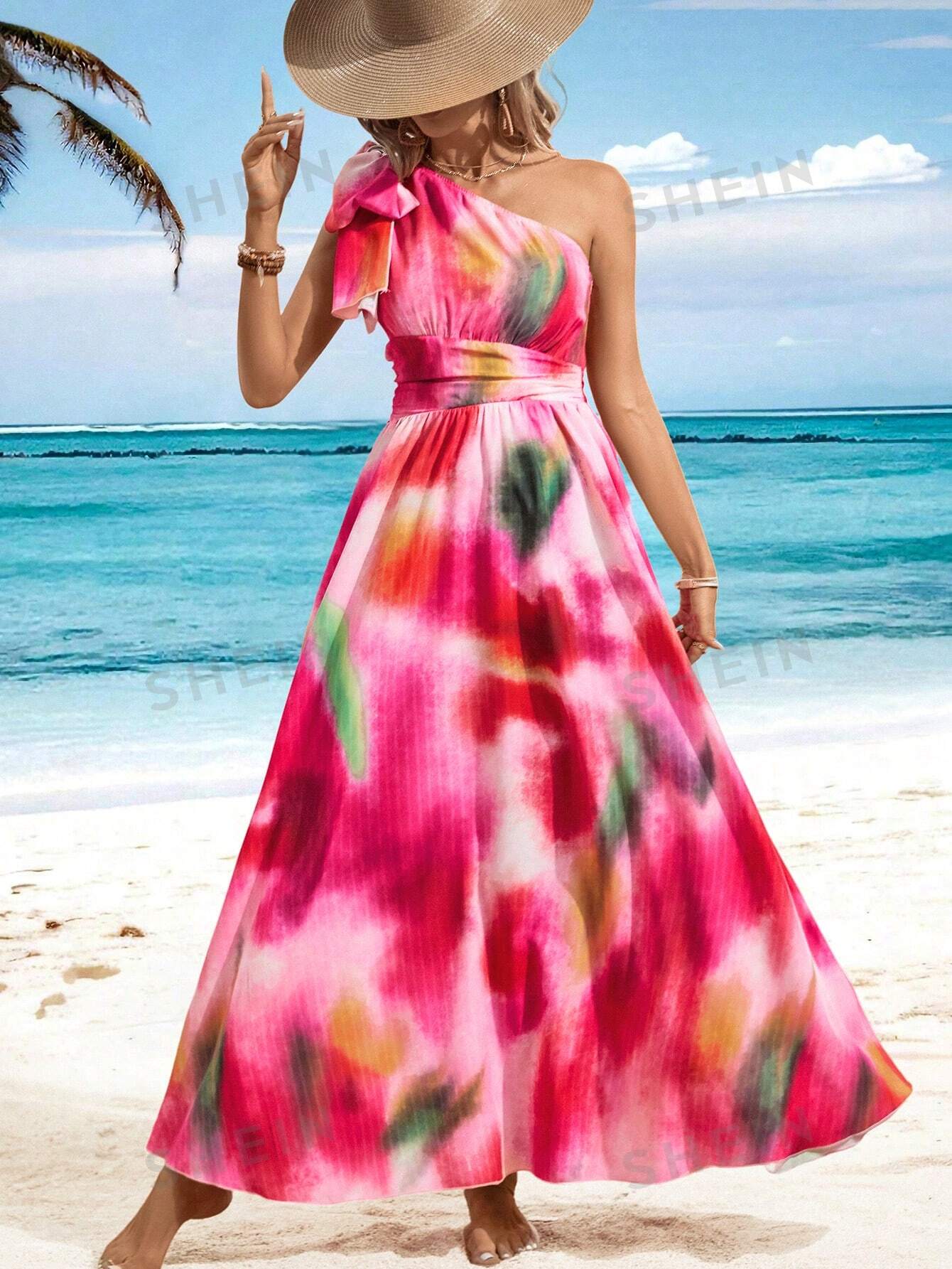 цена SHEIN VCAY Женское платье с асимметричным воротником и принтом тай-дай, розовый
