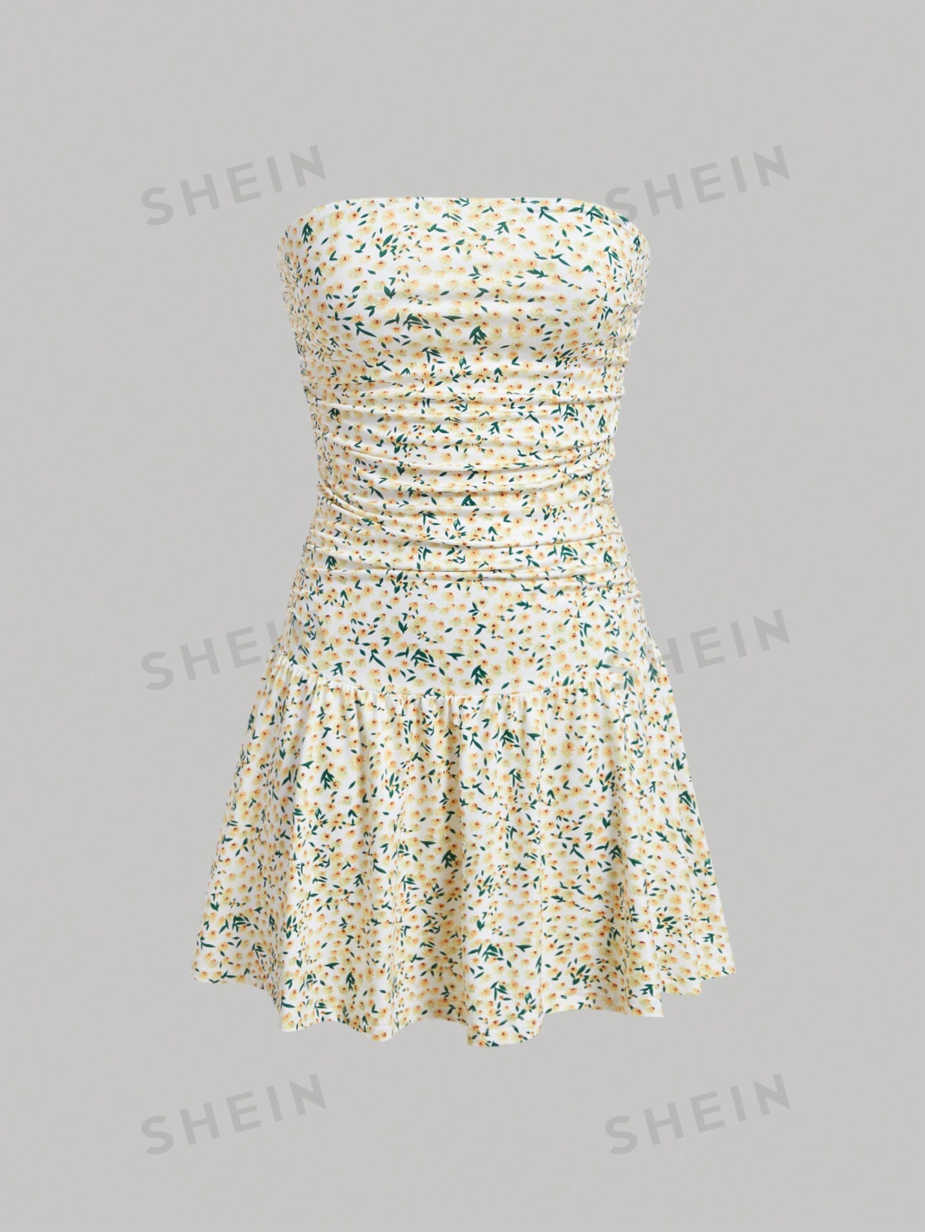 цена SHEIN EZwear Плиссированное платье без бретелек с цветочным принтом, абрикос