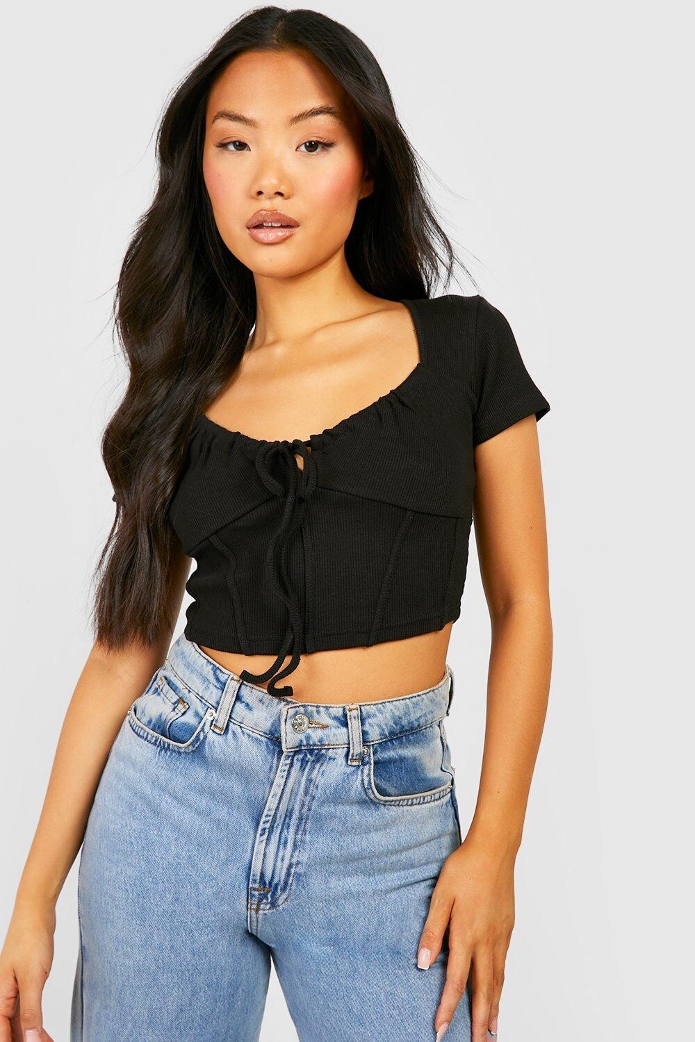

Укороченный топ с корсетом в рубчик и завязками спереди Boohoo, черный