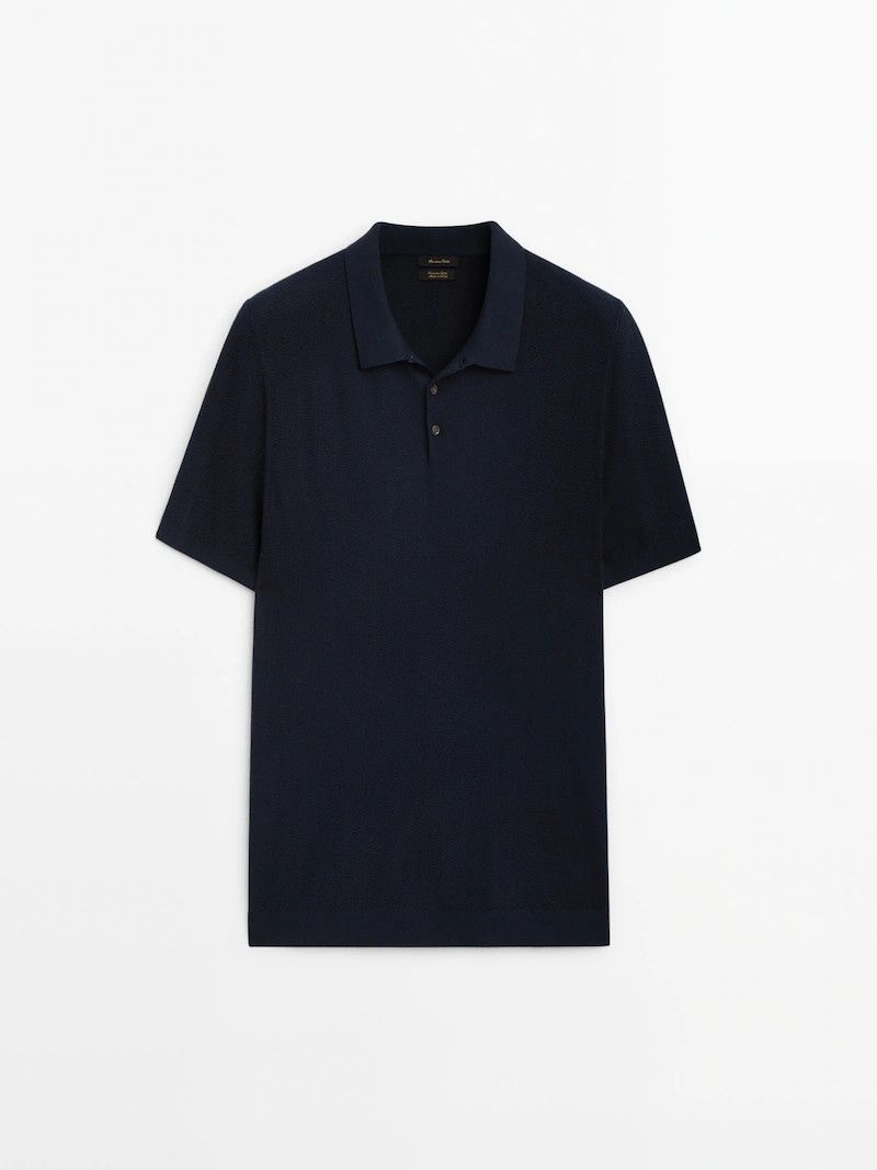 

Свитер-поло с короткими рукавами вязки елочкой Massimo Dutti, синий