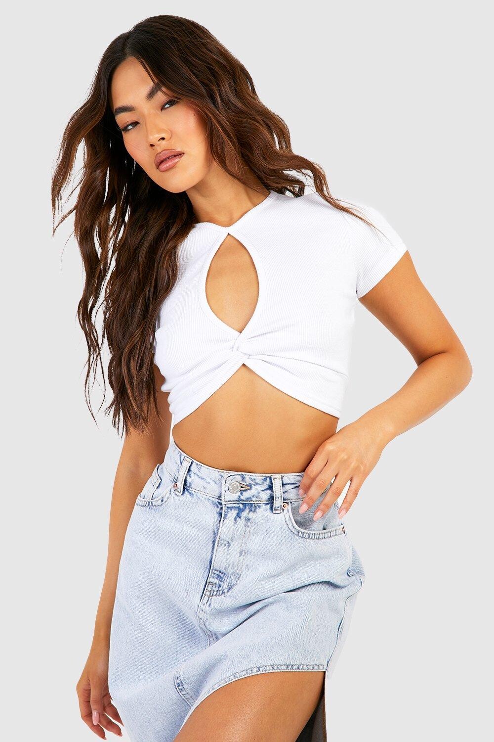 

Укороченная футболка в ребрику Boohoo, белый