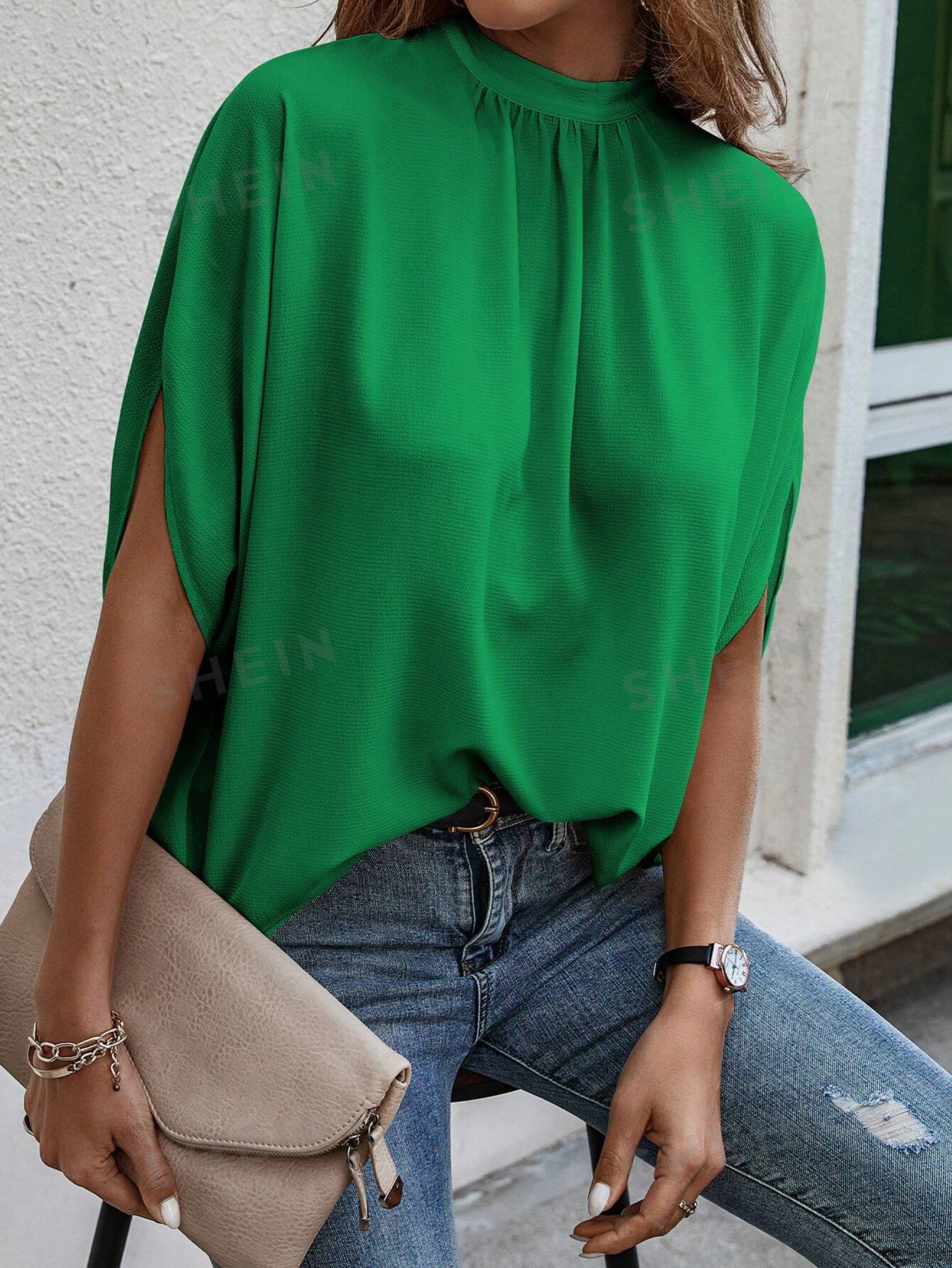 женская однотонная рубашка с воротником стойкой и половиной рукава многоцветный Женская однотонная рубашка с воротником-стойкой и половиной рукава, зеленый