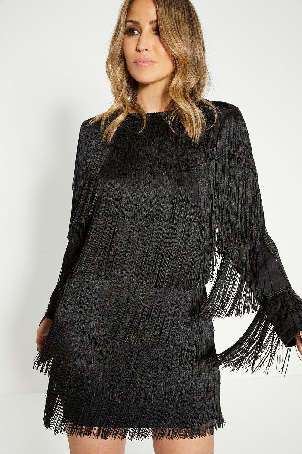 Мини-платье Rachel Stevens с длинными рукавами и бахромой Oasis, черный фотографии