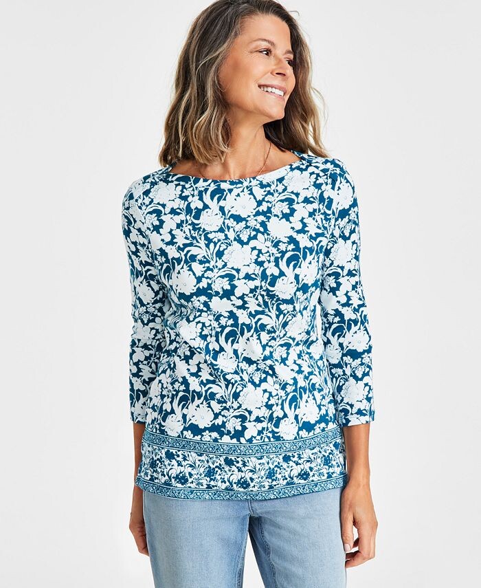 

Топ Petite Pima с цветочным принтом Style & Co, цвет Caspian Blue