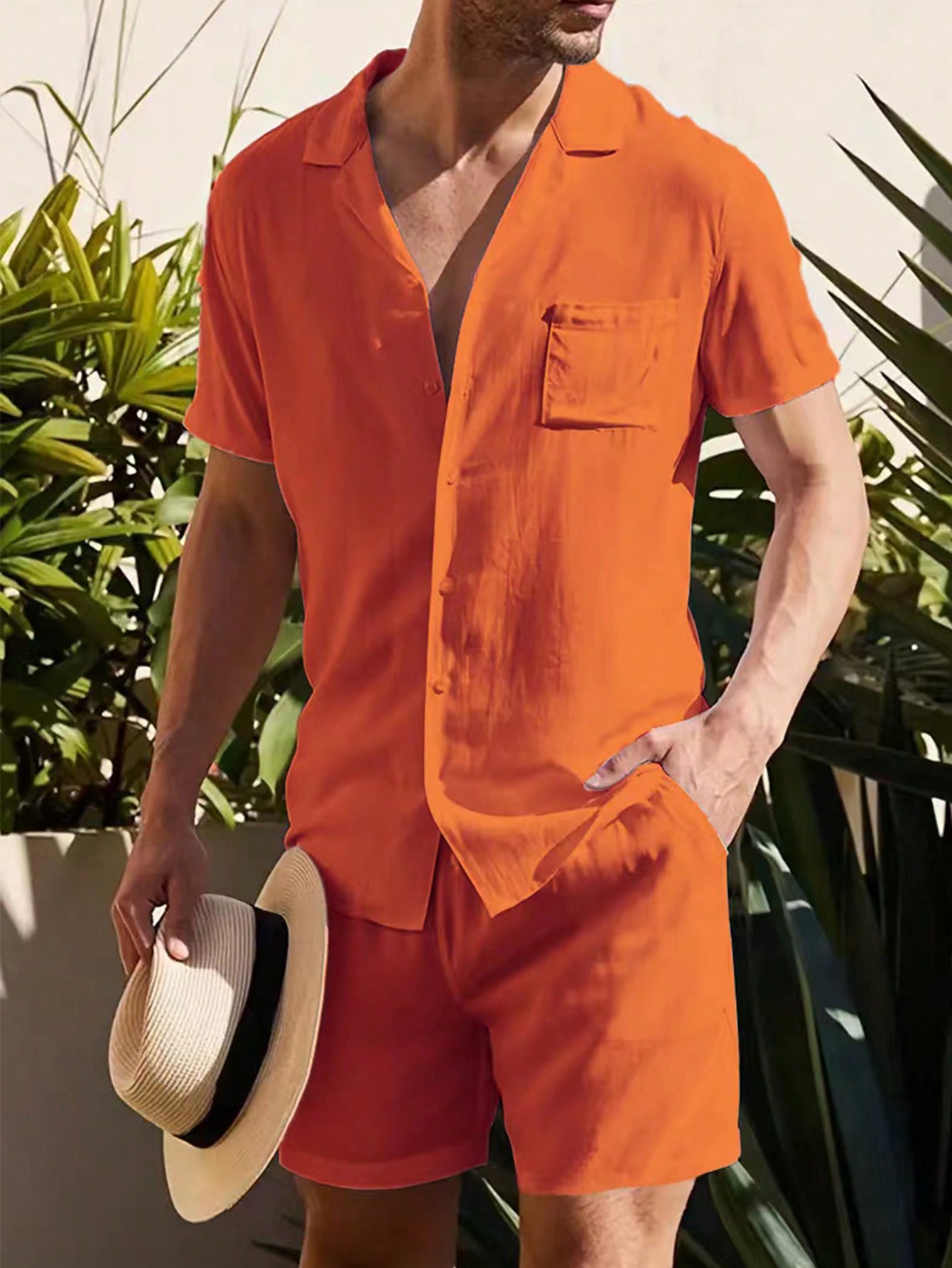 Мужской однотонный комплект рубашки с коротким рукавом, апельсин