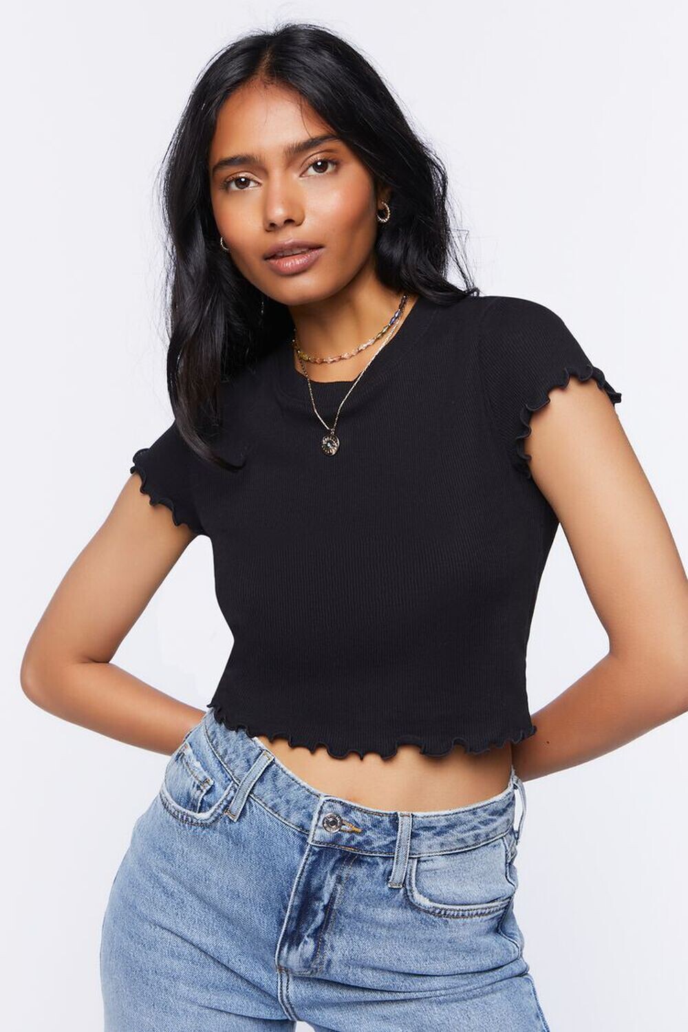 

Укороченная футболка в рубчик с салатовыми краями Forever 21, черный