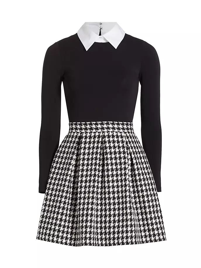 цена Плиссированное мини-платье Charla с узором «гусиные лапки» Alice + Olivia, черный