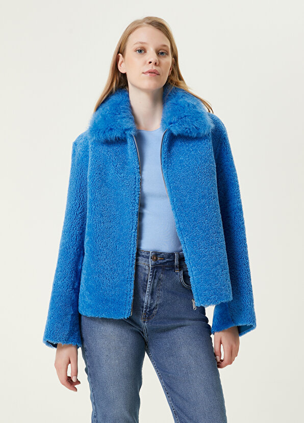 Синее двустороннее кожаное пальто из овчины Beymen двустороннее пальто из искусственной овчины zara kids бежевый