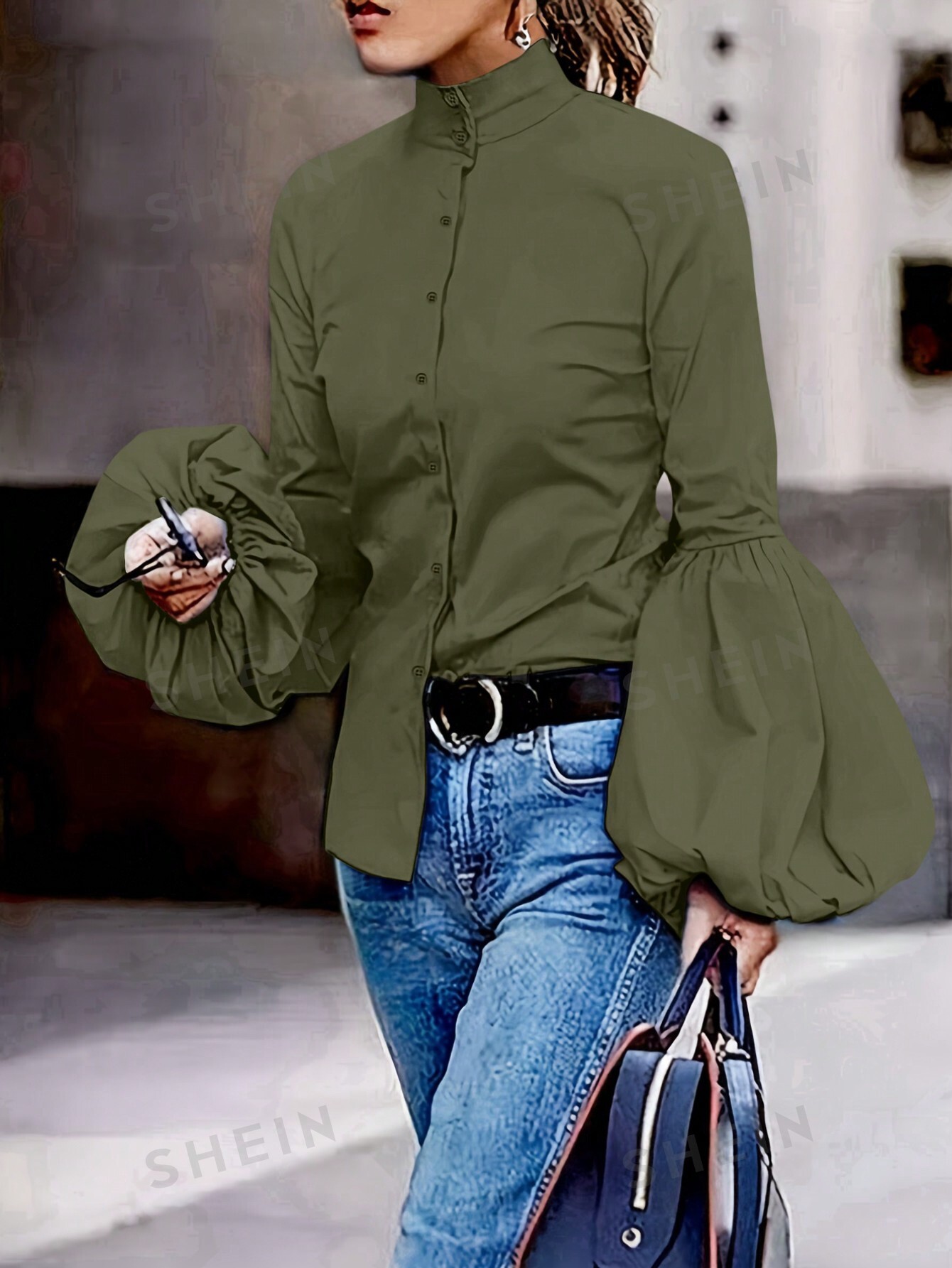 цена SHEIN Essnce Женская блузка с воротником-стойкой и рукавами-фонариками, темно-зеленый