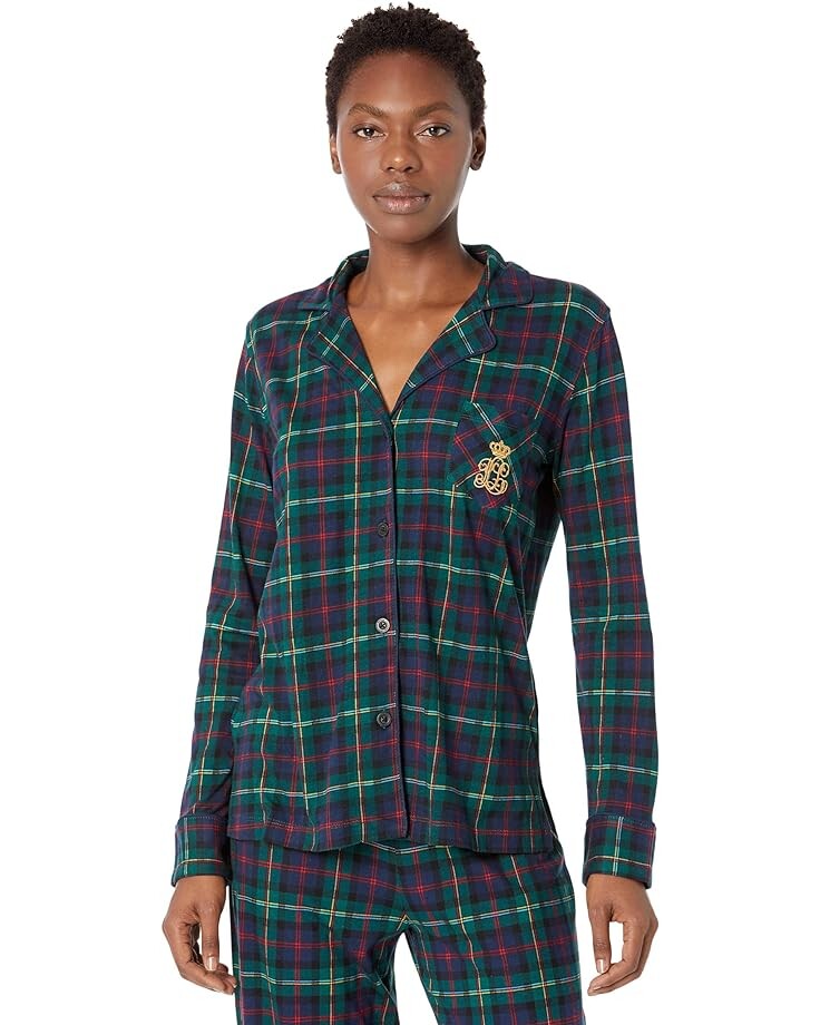 

Пижамный комплект LAUREN Ralph Lauren Petite Knit Long Sleeve Notch Collar Long PJ Set, цвет Green Plaid