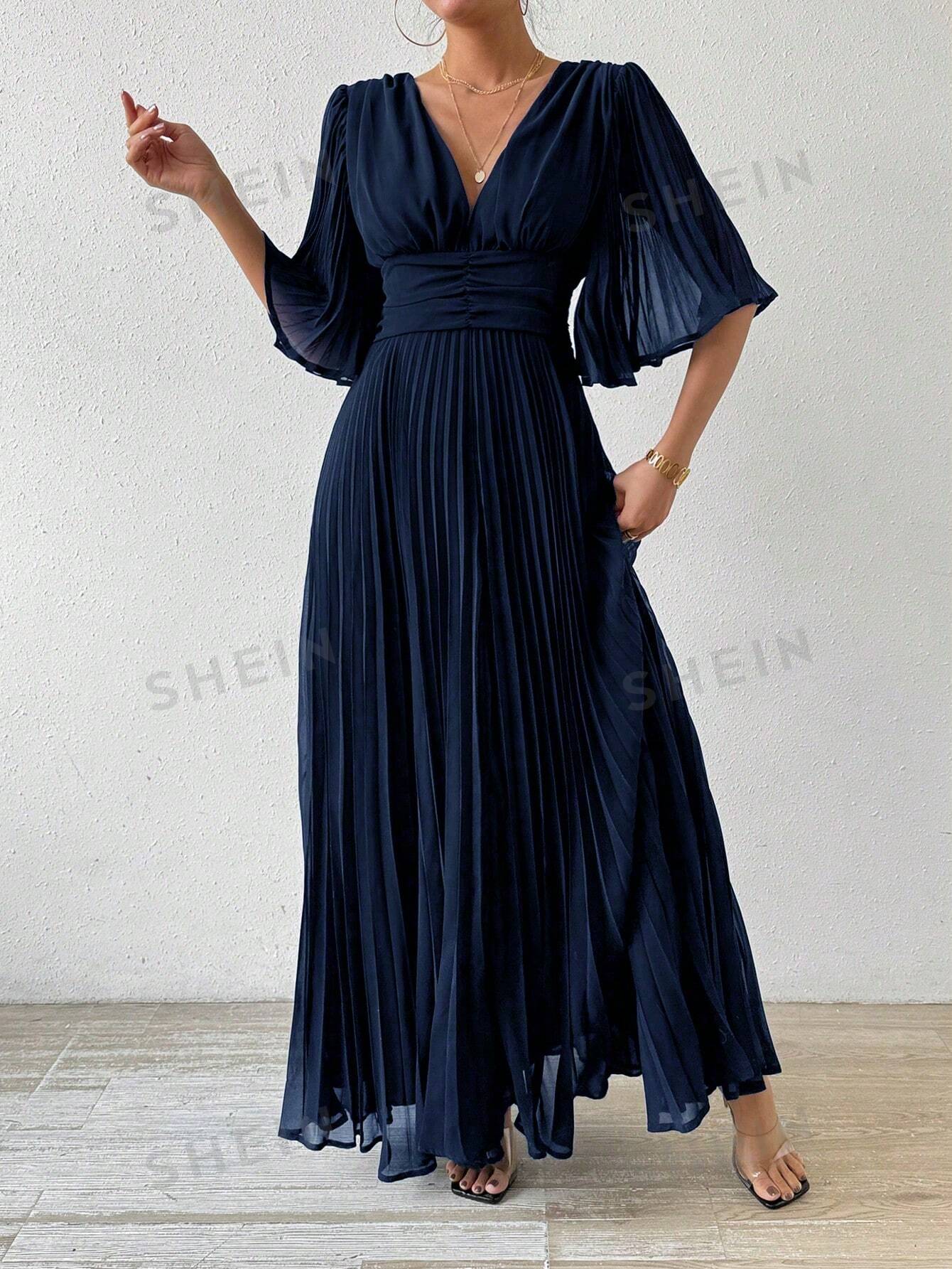 SHEIN Privé Однотонное платье миди со складками и поясом на талии, темно-синий