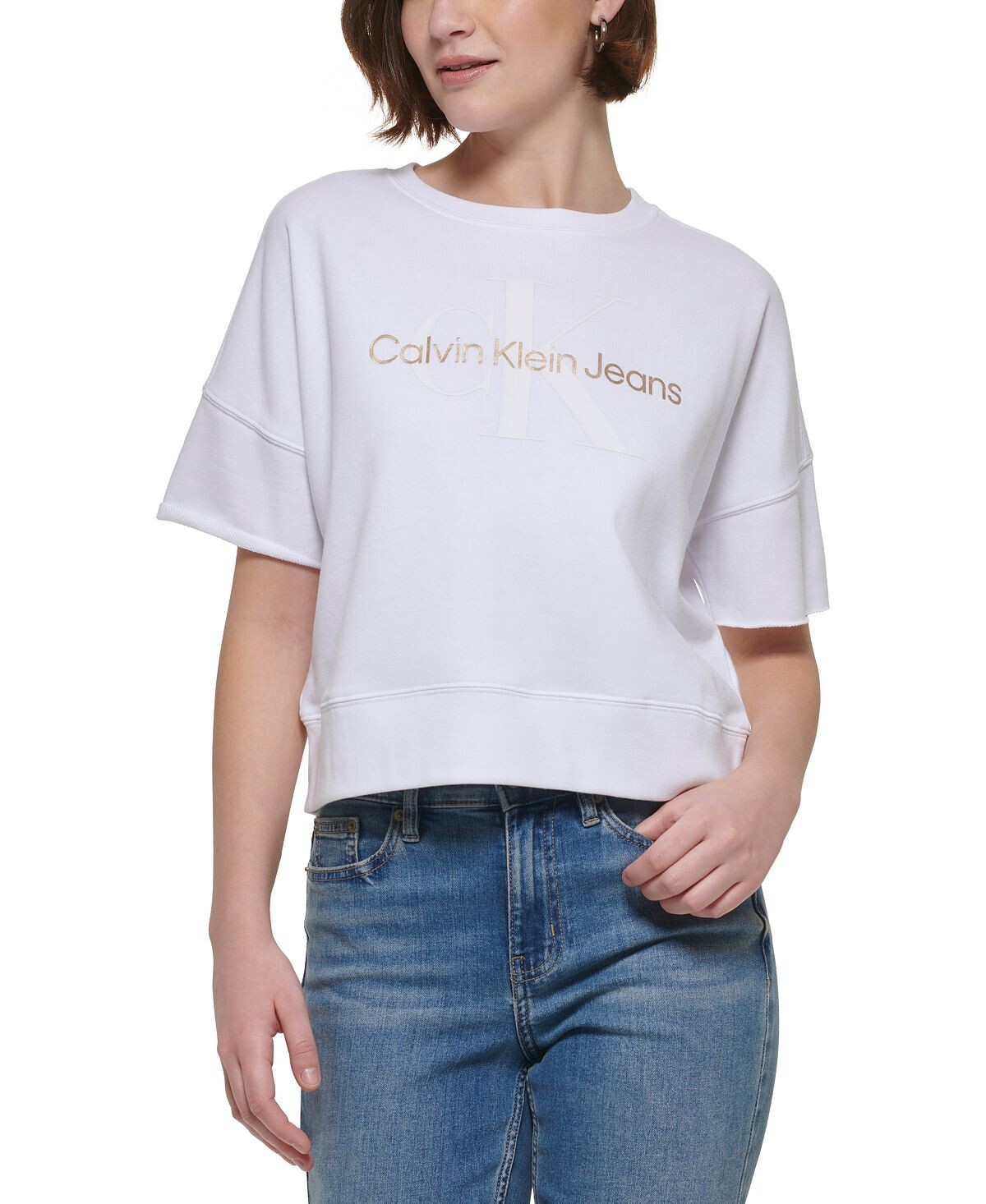 

Женский топ из фольги с логотипом и вырезами на рукавах Calvin Klein Jeans