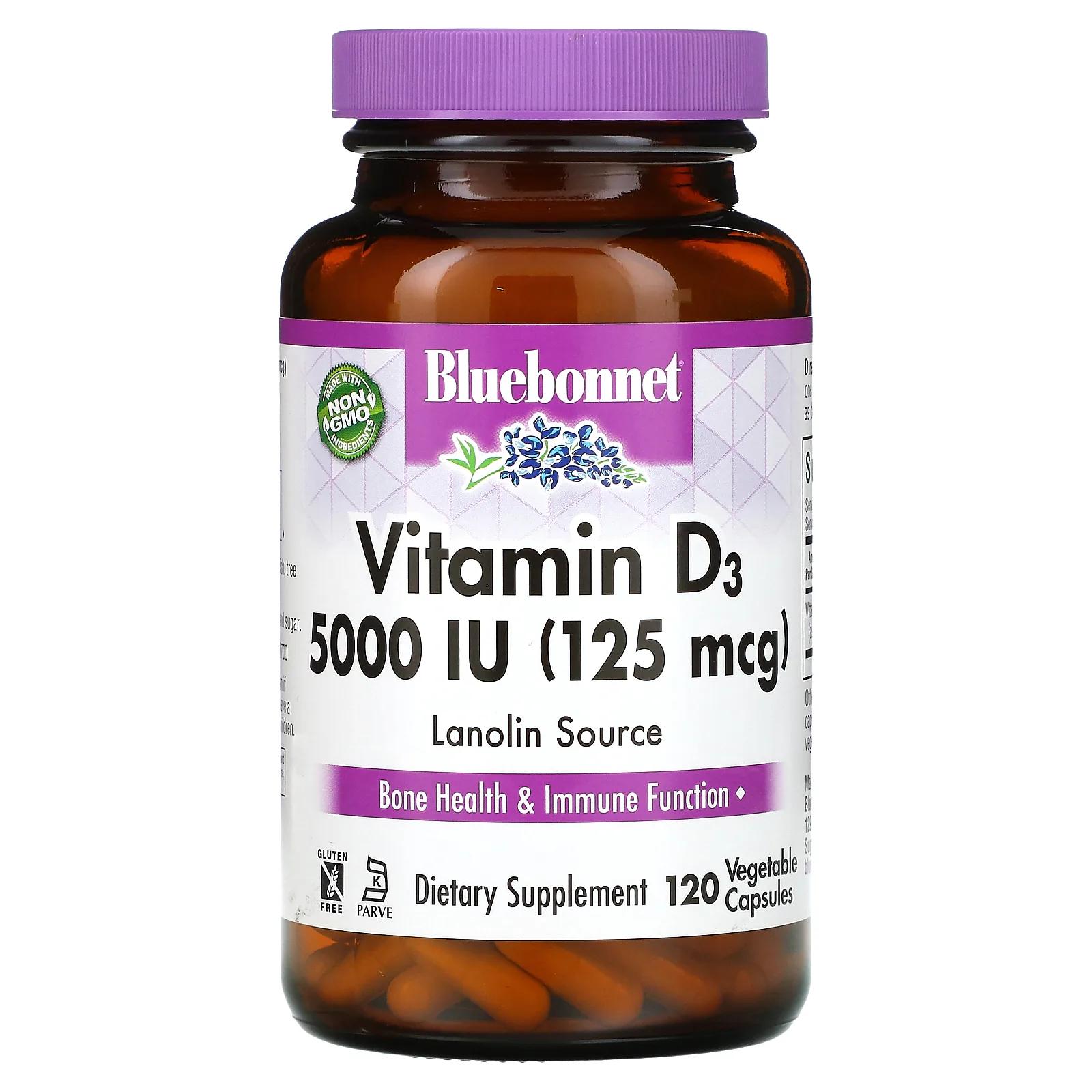 Bluebonnet Nutrition Витамин D3 5000 МЕ 120 капсул в растительной оболочке bluebonnet nutrition витамин d3 5000 ме 250 желатиновых капсул