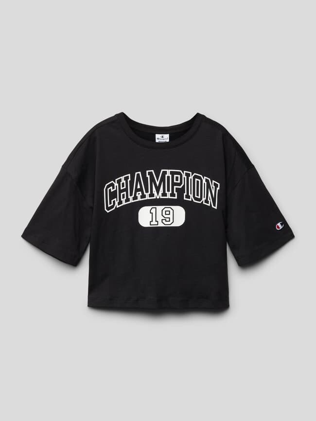 

Укороченная футболка с принтом этикетки CHAMPION, черный