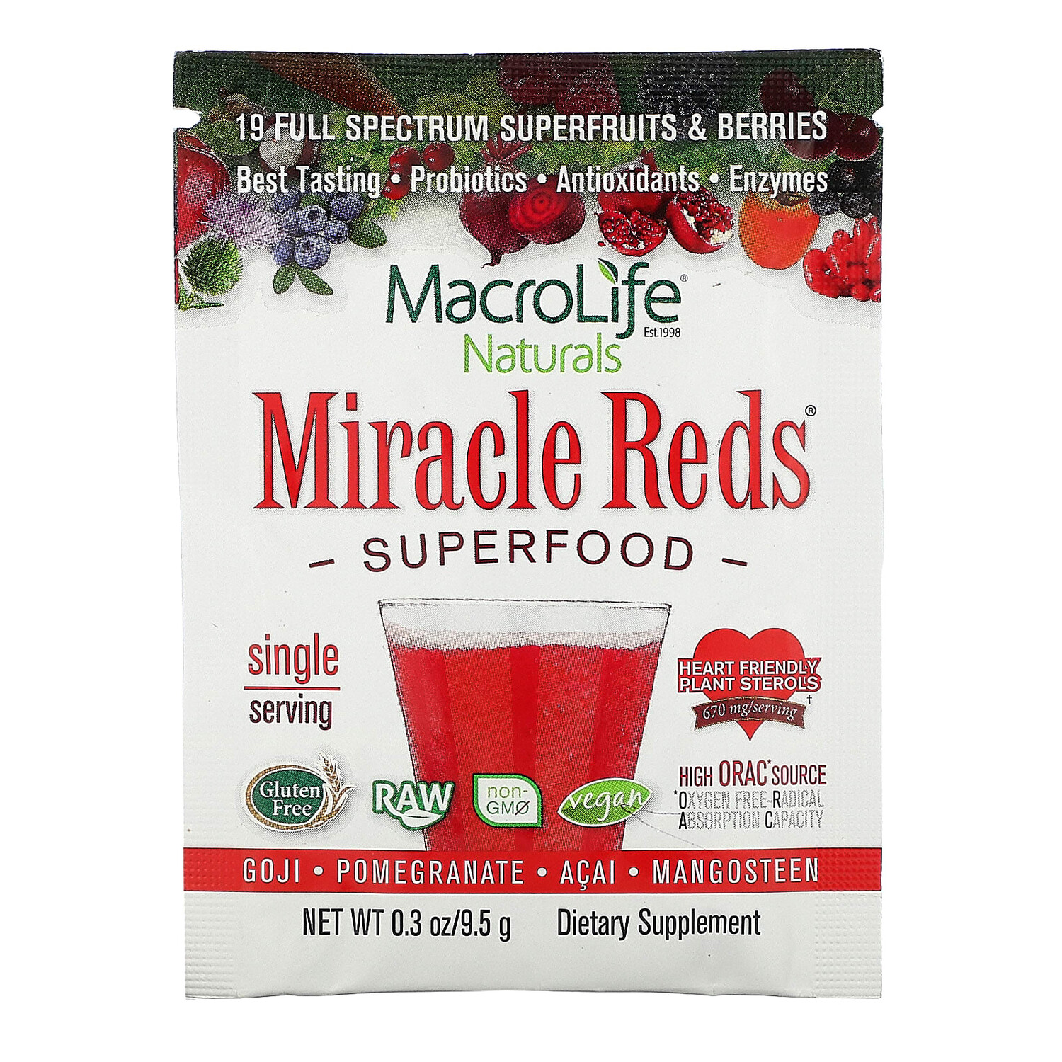 

Miracle Reds, суперфуд, годжи, гранат, асаи, мангостан, 9,5 г (0,3 унции), Macrolife Naturals