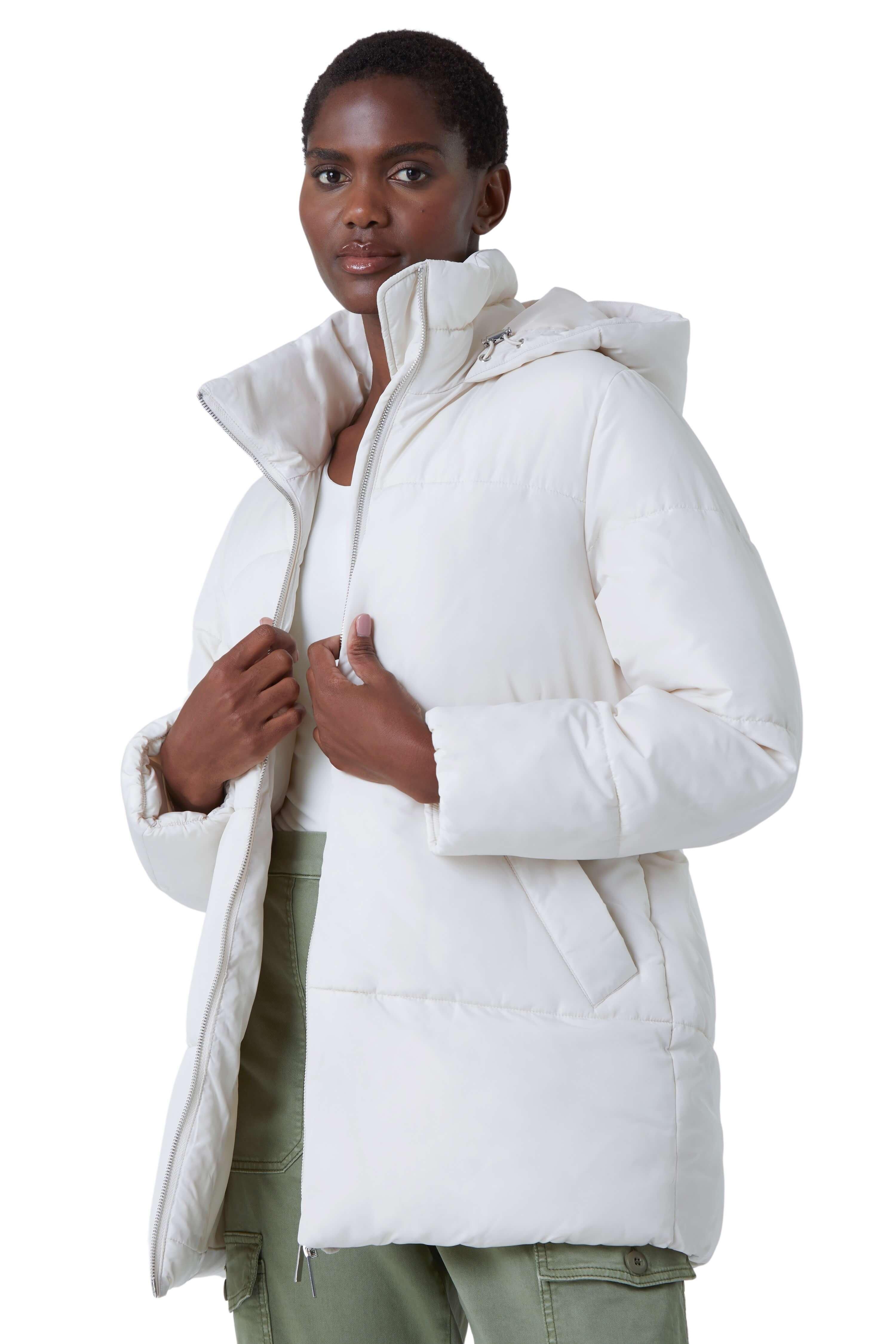 Пальто средней длины с утепленным капюшоном Roman, белый пуховик женский зимний средней длины с капюшоном и меховым воротником
