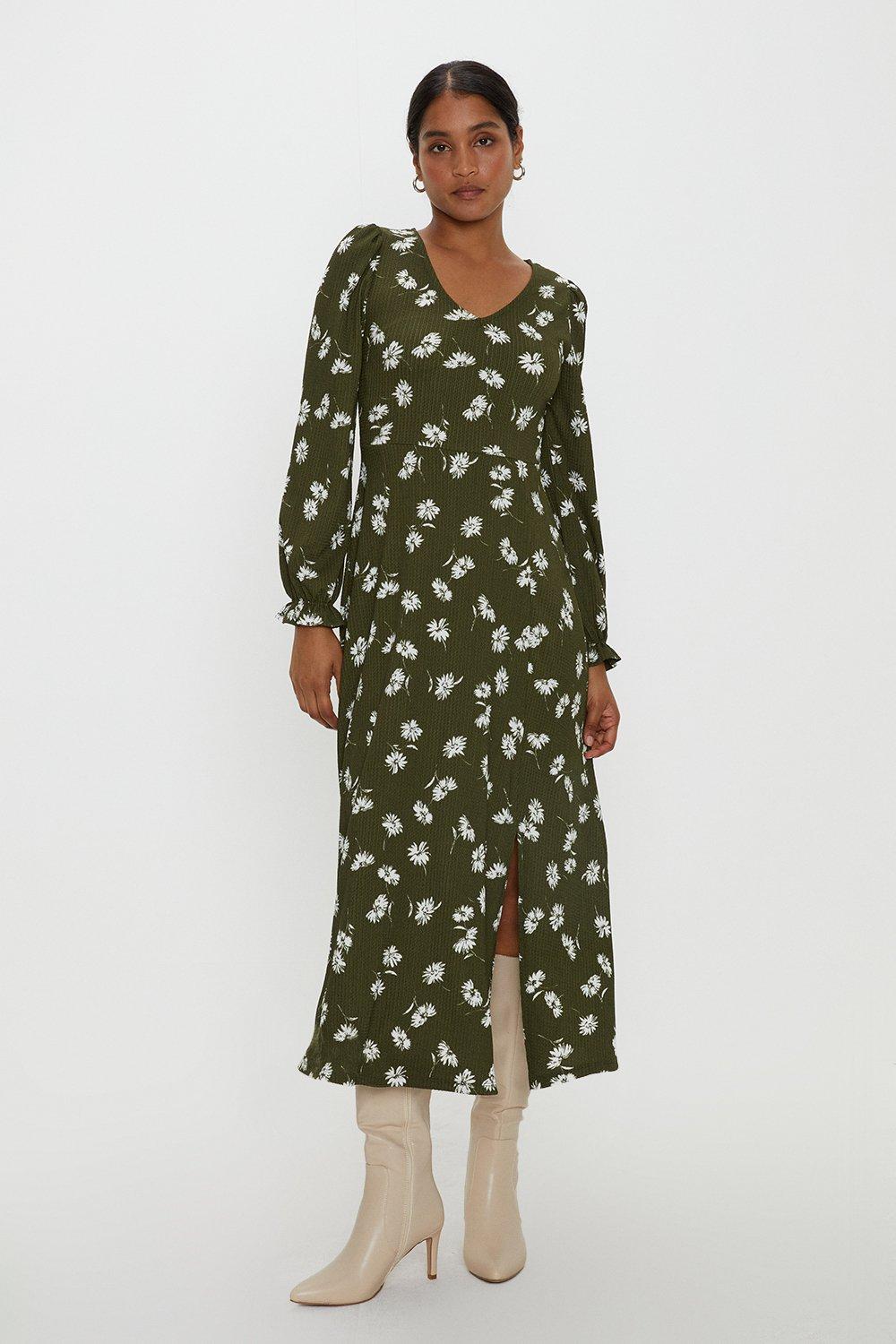 Платье миди цвета хаки с длинными рукавами и V-образным вырезом с цветочным принтом Dorothy Perkins, хаки