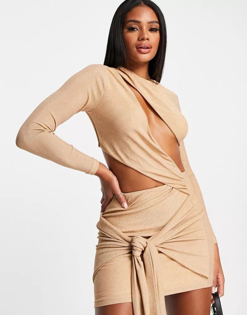 

Бронзовое мини-платье с длинными рукавами Simmi, вырезом и узлом Simmi Clothing