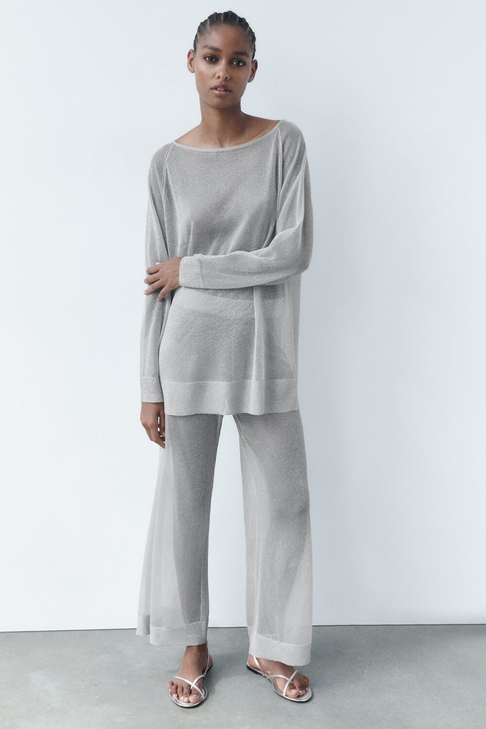 

Брюки прямого трикотажа с металлической нитью ZARA, серебряный, Серый