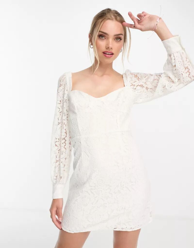 цена Белое кружевное платье мини с длинными рукавами French Connection