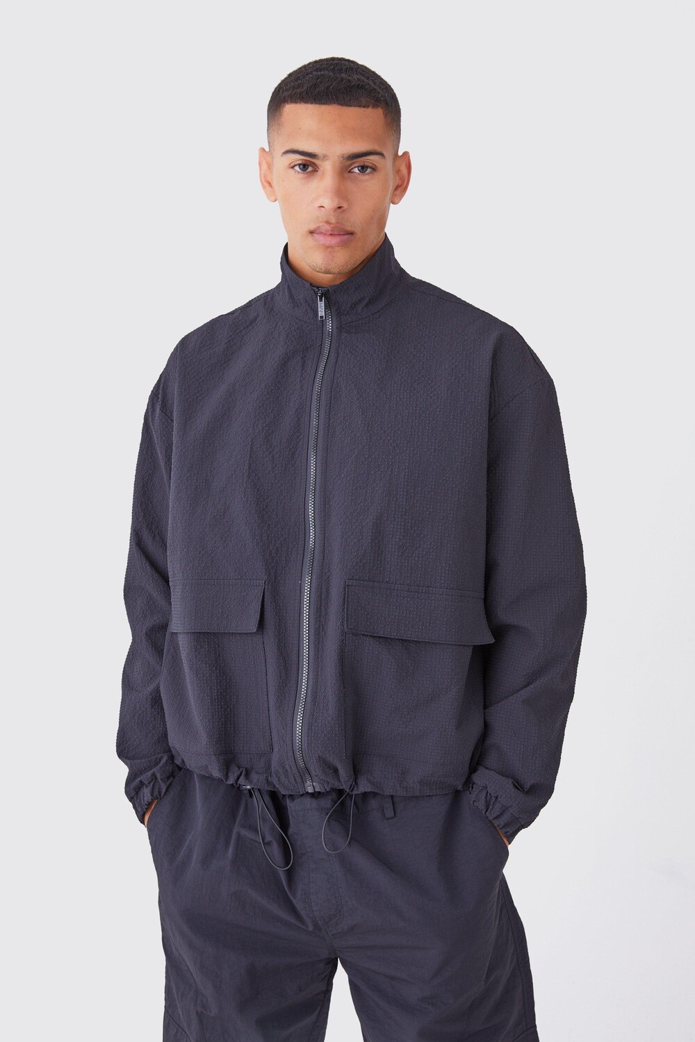 

Мятая нейлоновая молния через Harrington boohooMAN, черный