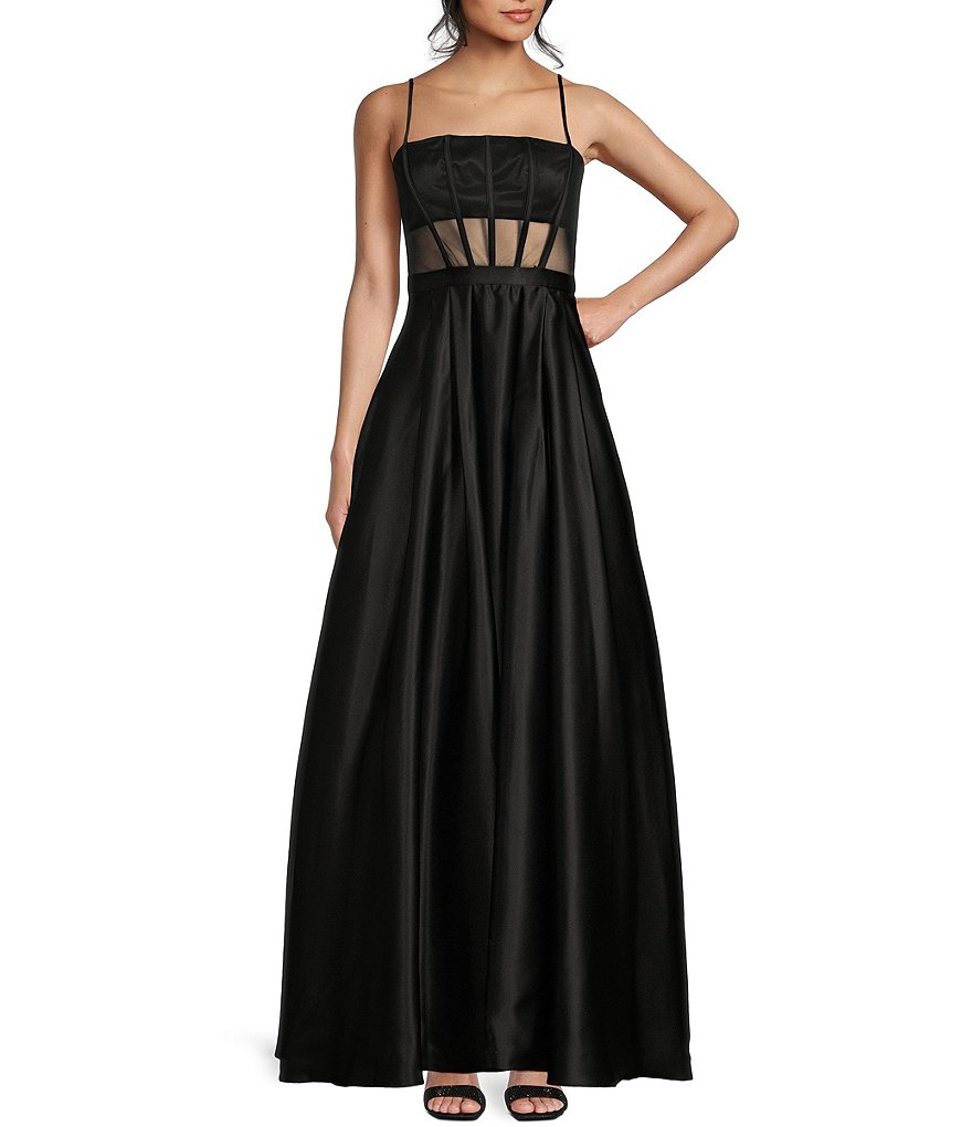 Атласное бальное платье с сетчатым корсетом Blondie Nites Illusion, черный