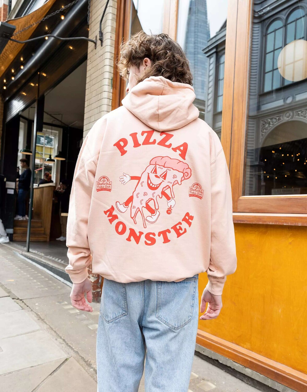 

Персиковое худи унисекс в стиле ретро с принтом Pizza Monster Batch1