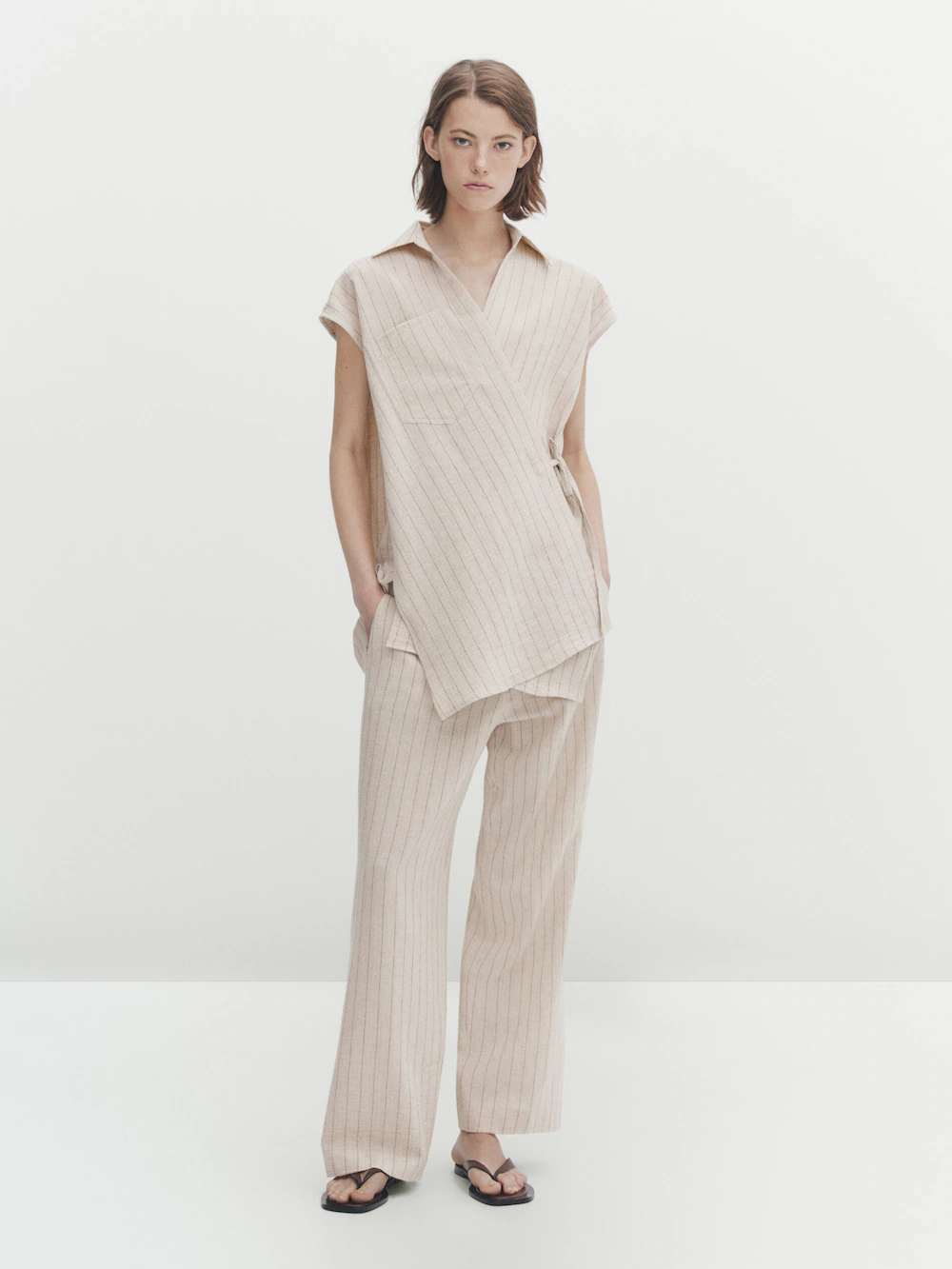 

Брюки в пижамном стиле в полоску Massimo Dutti, бежевый