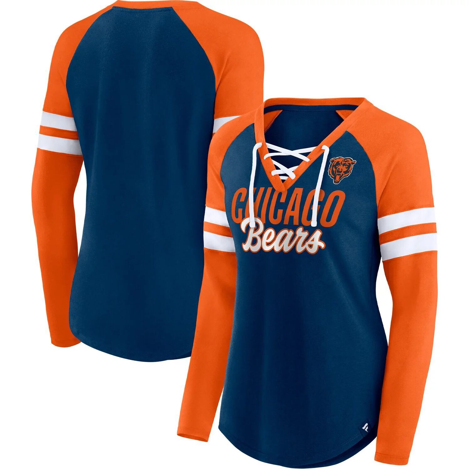 

Женская футболка Fanatics Branded Navy/Orange Chicago Bears True to Form реглан на шнуровке с v-образным вырезом и длинными рукавами Fanatics