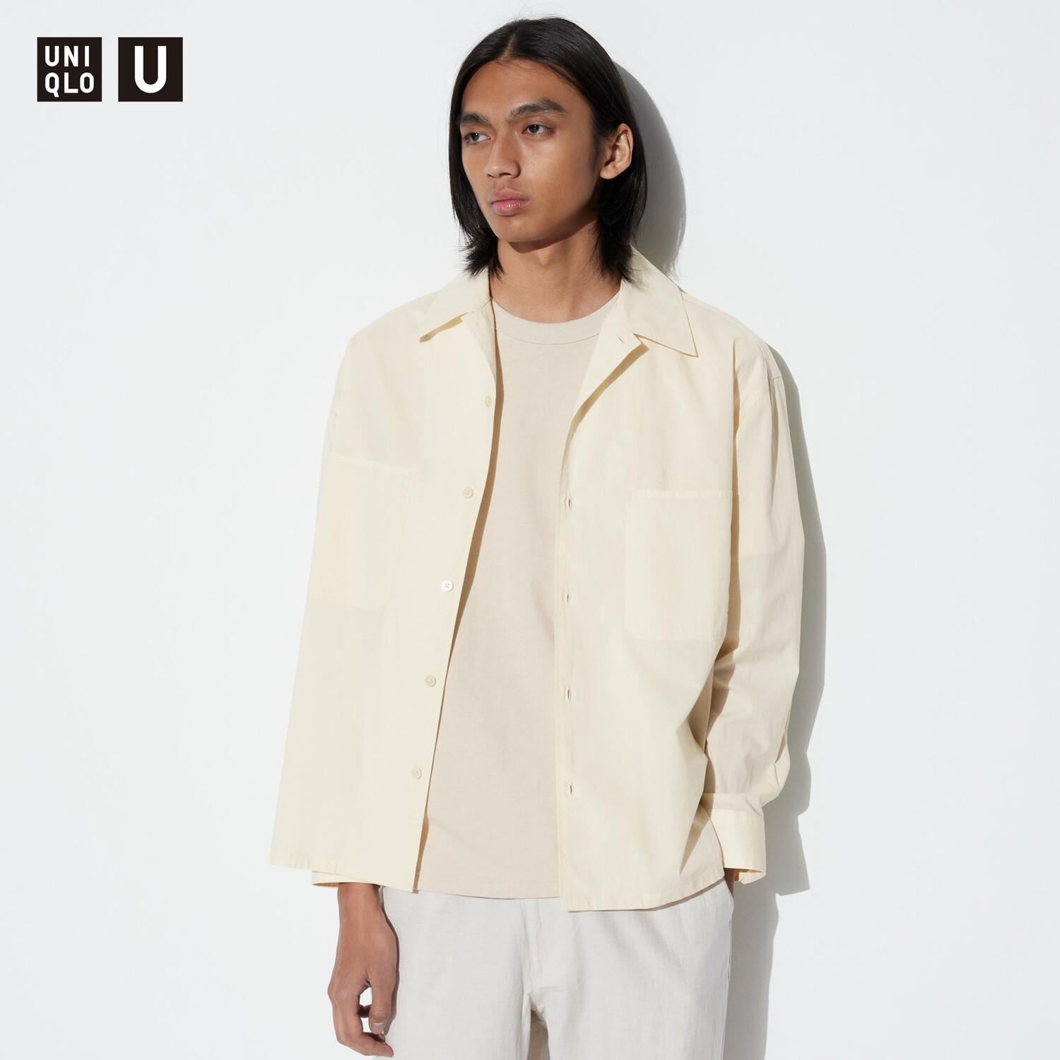 

Рубашка UNIQLO с открытым воротником и длинными рукавами, бежевый