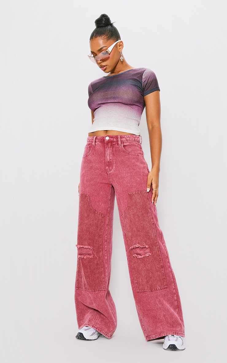 PrettyLittleThing Выстиранные красные широкие джинсы со вставками широкие джинсы plus деним boohoo белый