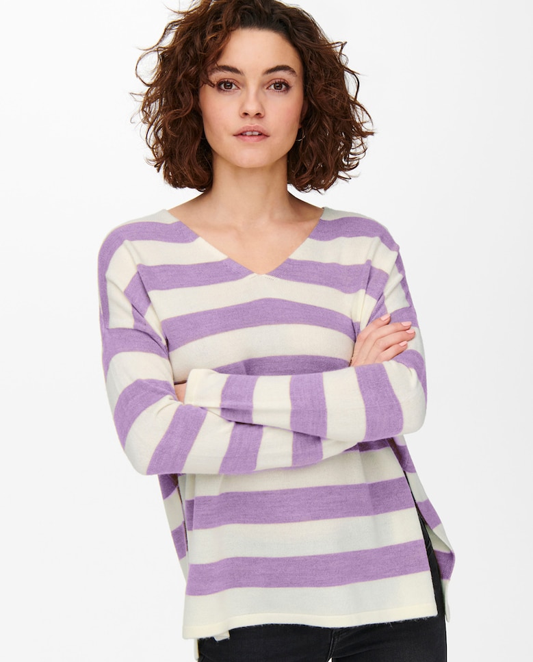 Женский полосатый свитер с длинными рукавами Only, сиреневый женский трикотажный свитер оверсайз с v образным вырезом и длинными рукавами