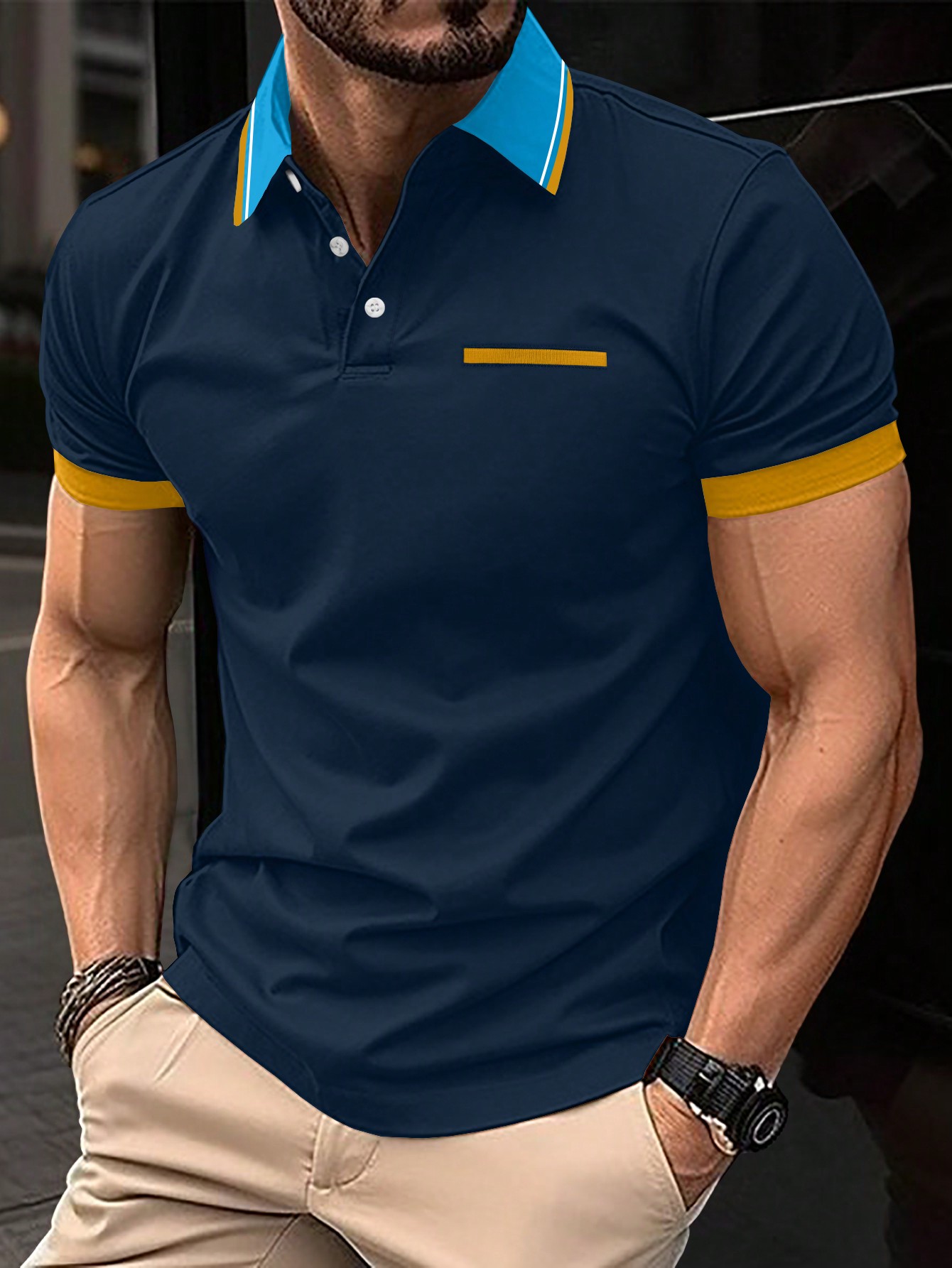 Мужская рубашка поло с короткими рукавами Manfinity Homme с цветовыми блоками, синий цена и фото
