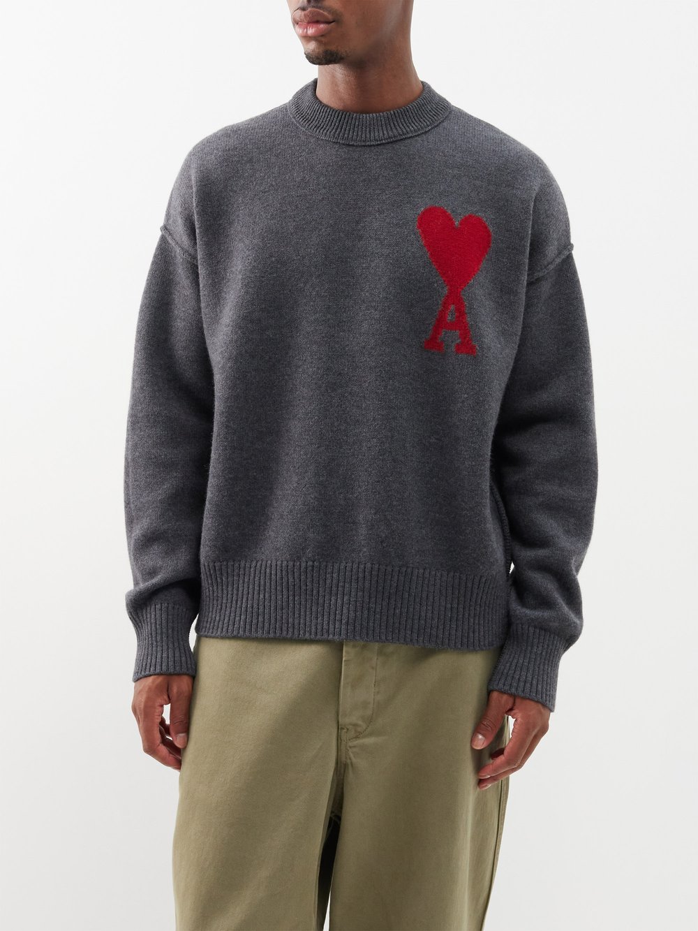 Шерстяной свитер с логотипом ami de cœur AMI, серый цена и фото