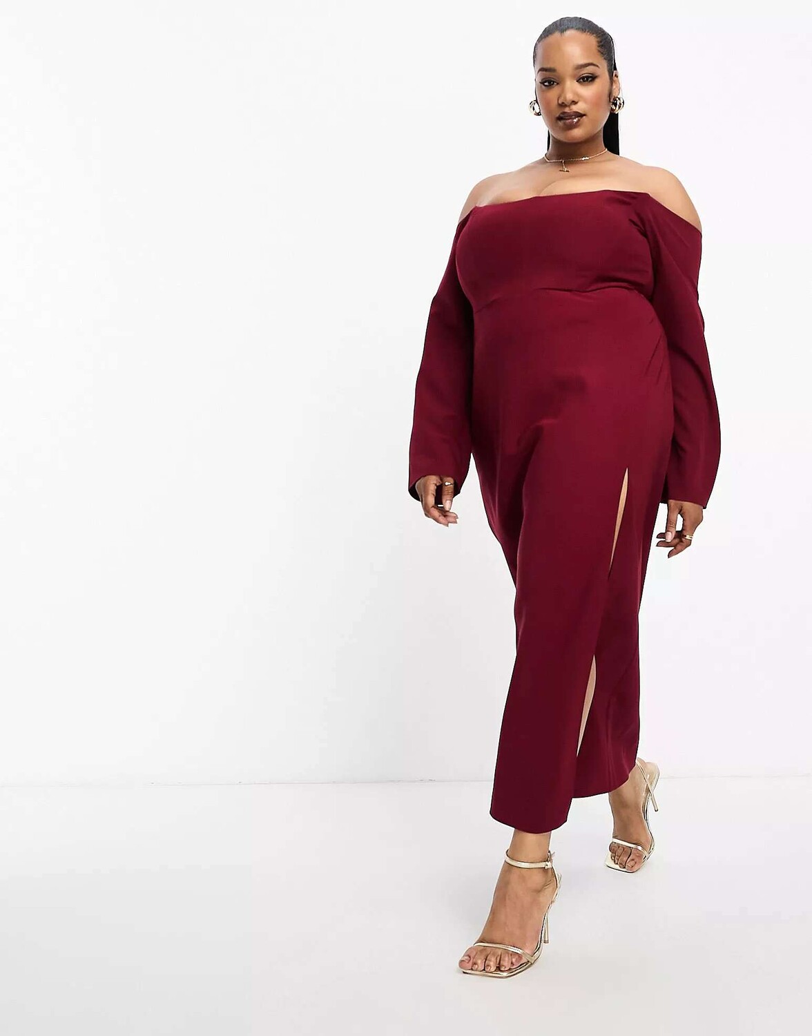 

Эксклюзивное винное платье миди с корсетом и бардо ASOS DESIGN Curve