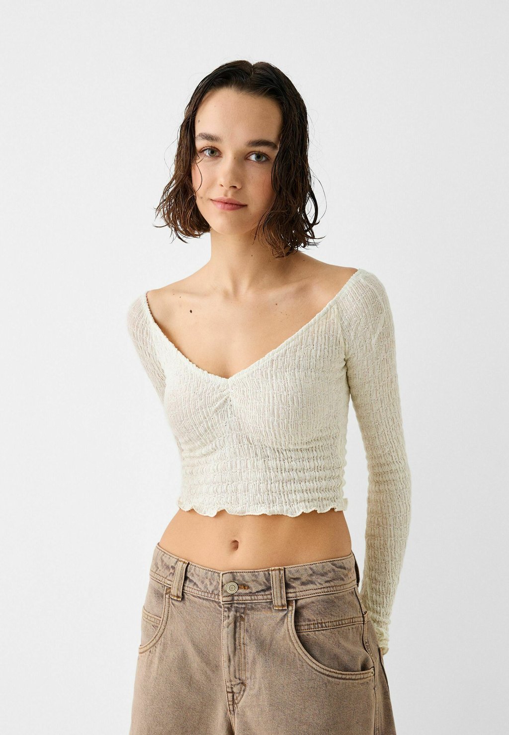 Вязаный свитер V-NECK Bershka, цвет white