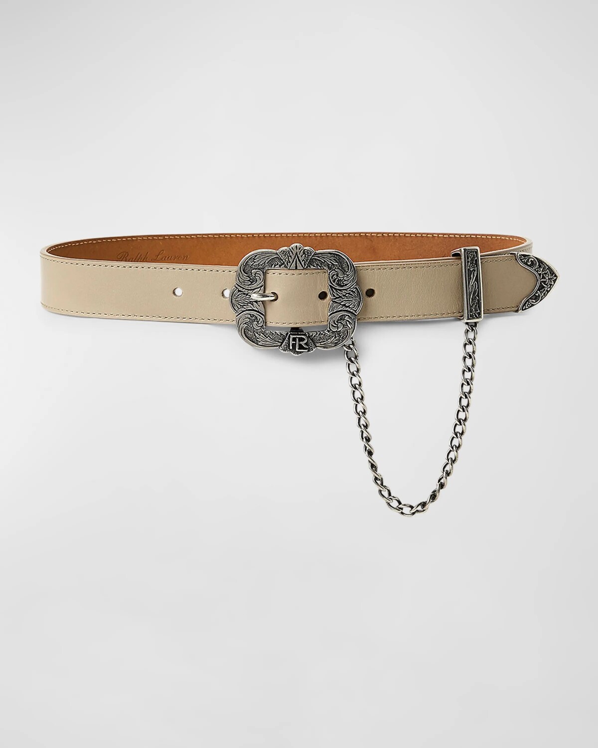 

Ремень из телячьей кожи с тисненой пряжкой и цепочкой Ralph Lauren Collection, серый