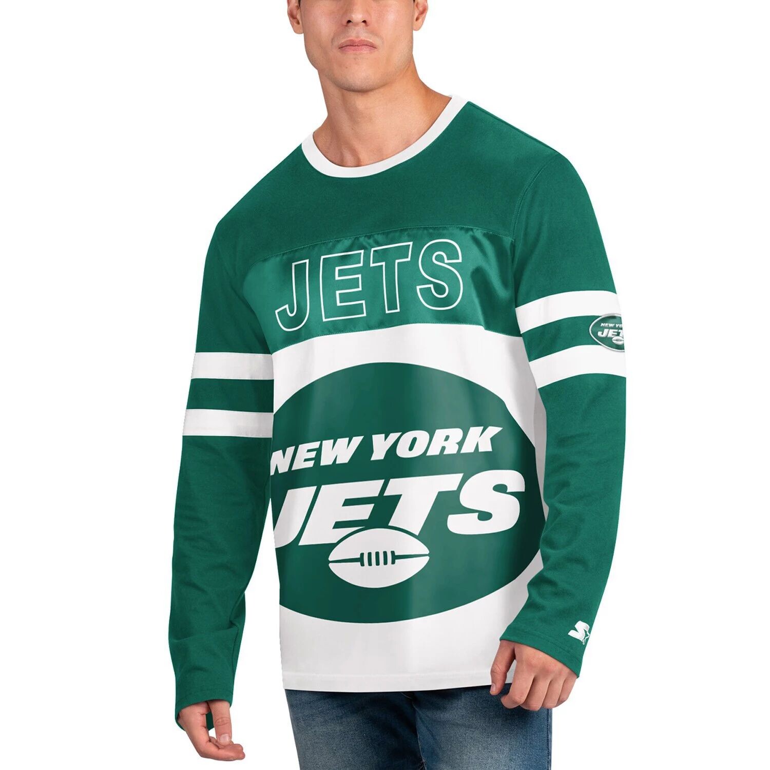

Мужская стартовая зелено-белая футболка New York Jets с длинным рукавом в перерыве между таймами Starter