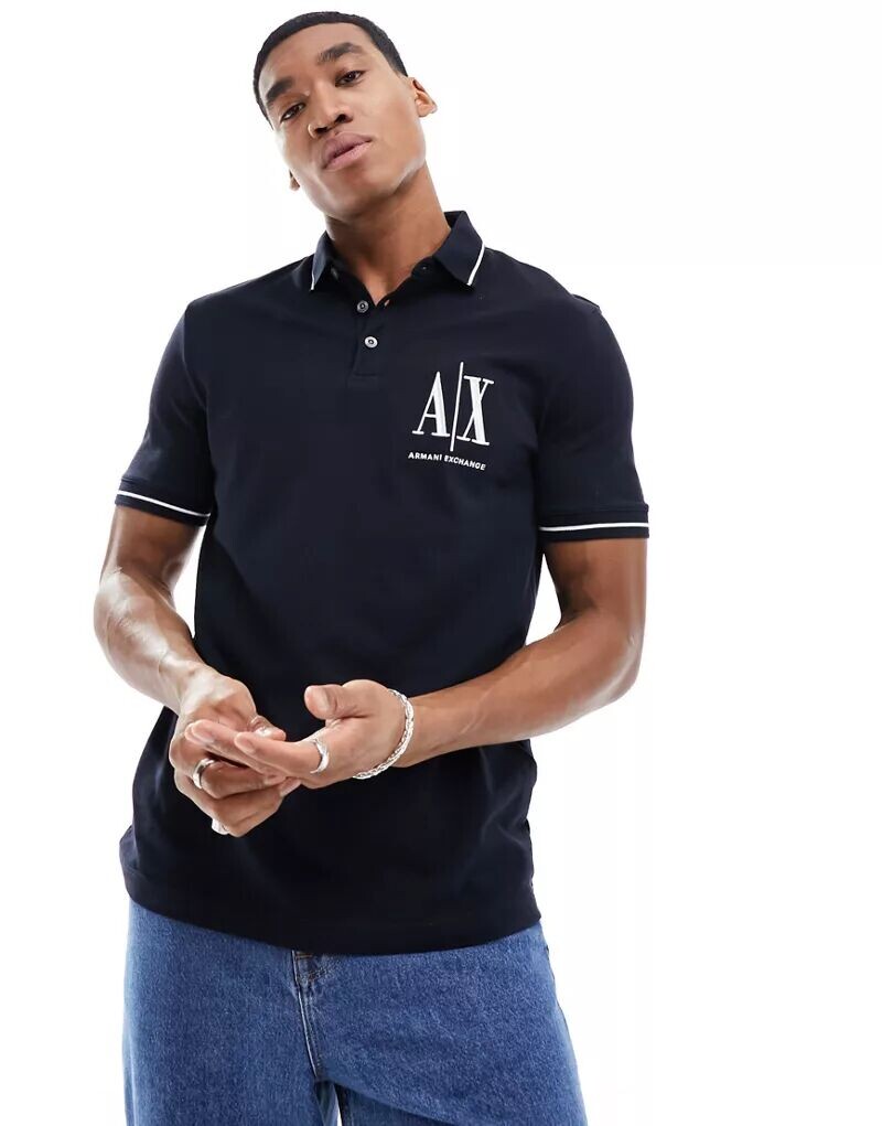 

Темно-синяя рубашка-поло из пике Armani Exchange с большим логотипом и отделкой