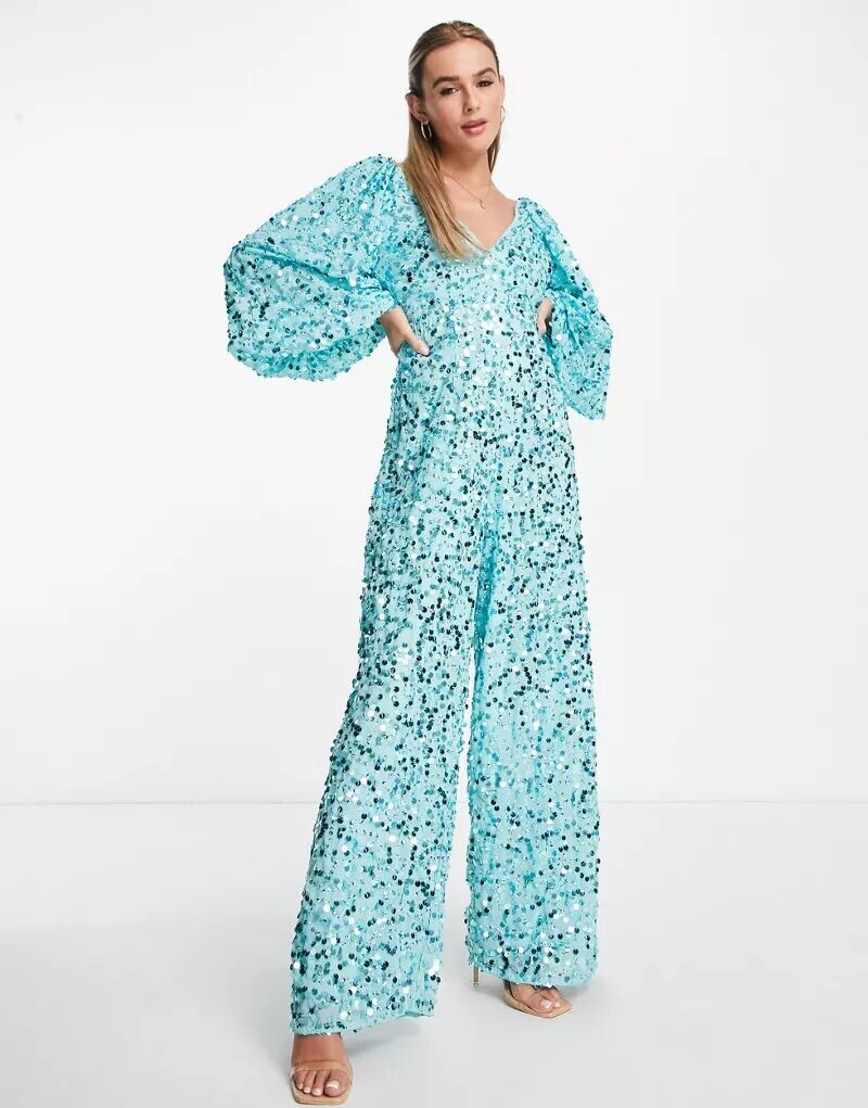 

Бирюзовый широкий комбинезон ASOS с объемными рукавами, украшенными пайетками