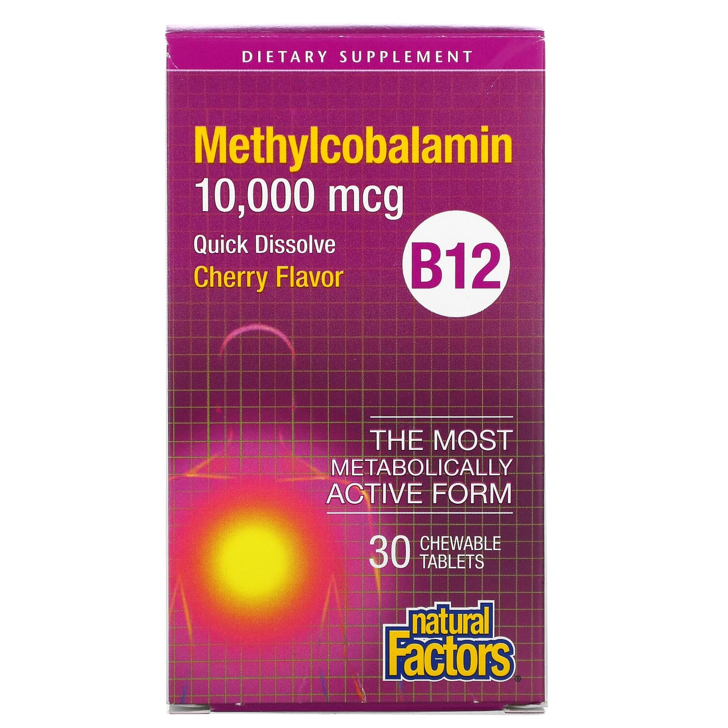 

B12 Метилкобаламин, Вишня, 10 000 мкг, 30 жевательных таблеток, Natural Factors