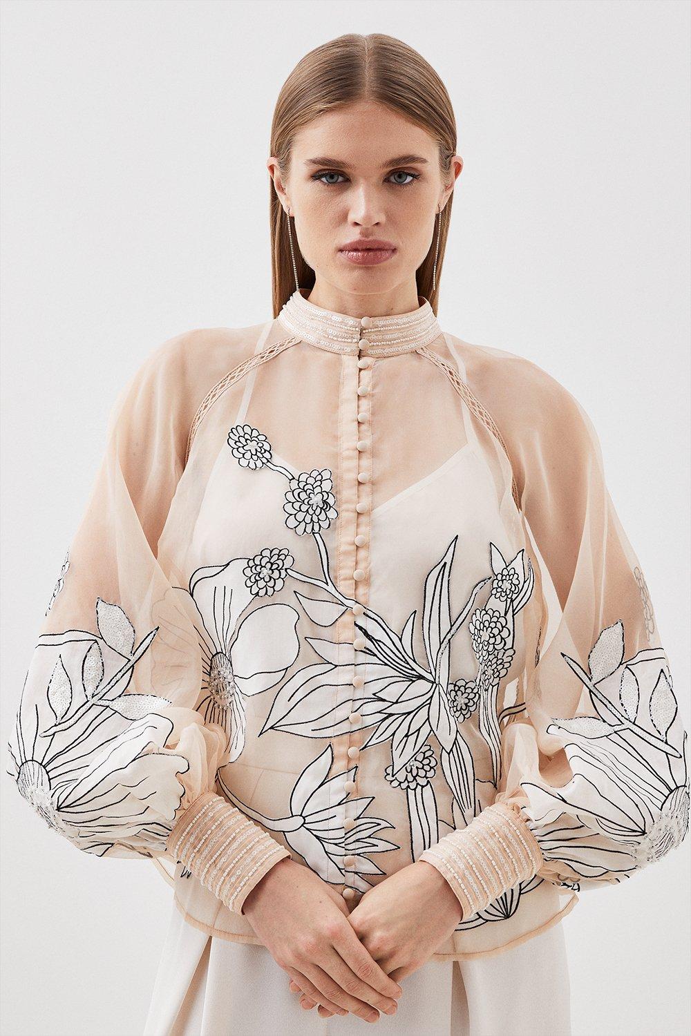 цена Атласная блузка на пуговицах с аппликацией из органди Karen Millen, розовый
