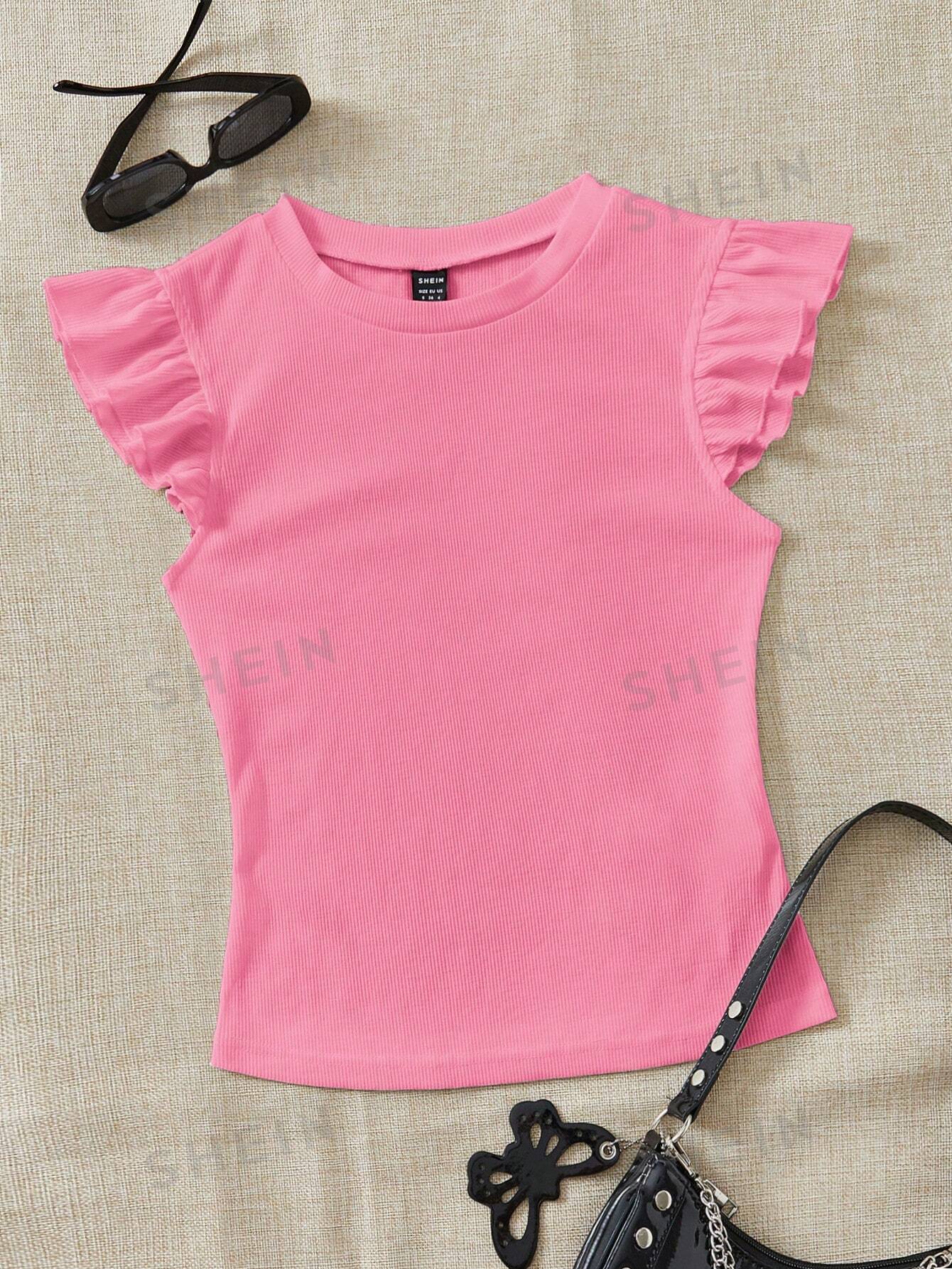 цена SHEIN WYWH трикотажная однотонная женская футболка с круглым вырезом и короткими рукавами, розовый