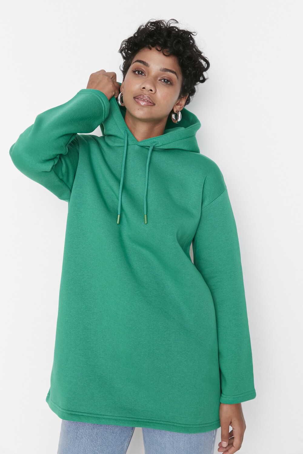 

Зеленый вязаный свитшот с капюшоном и нечеткой изнанкой Trendyol Modest