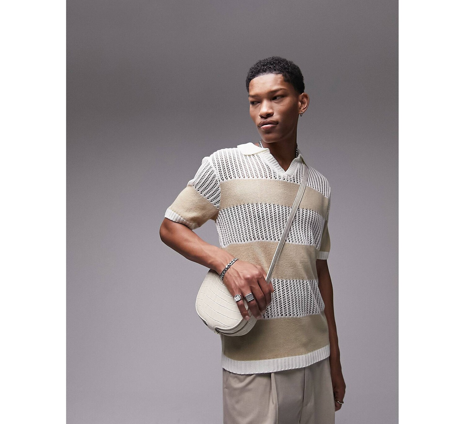 

Вязаное поло с v-образным вырезом Topman в полоску крючком, Серый