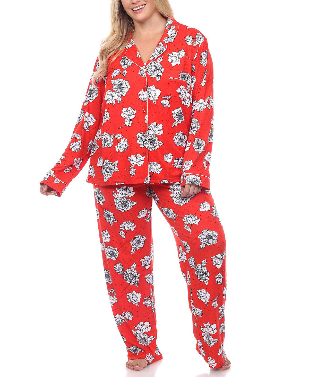 Пижамный комплект больших размеров с длинными рукавами и цветочным принтом, 2 предмета White Mark, красный пижамный комплект больших размеров 3 предмета white mark синий