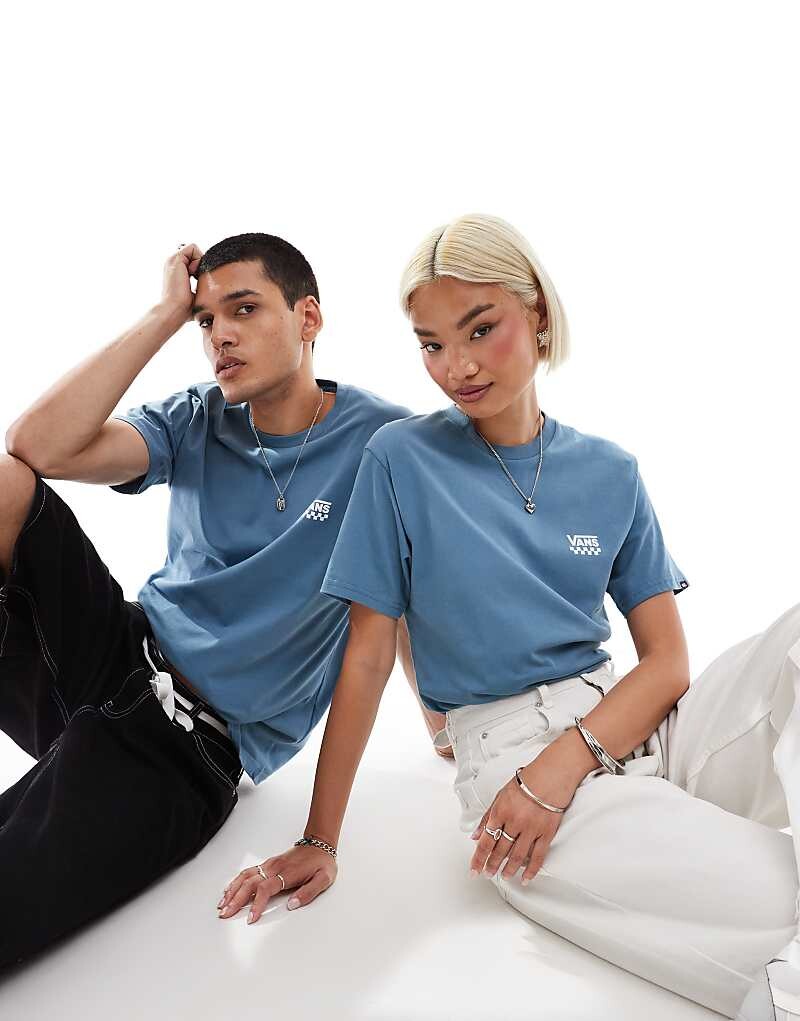 

Синяя футболка с короткими рукавами и логотипом в шахматную клетку Vans