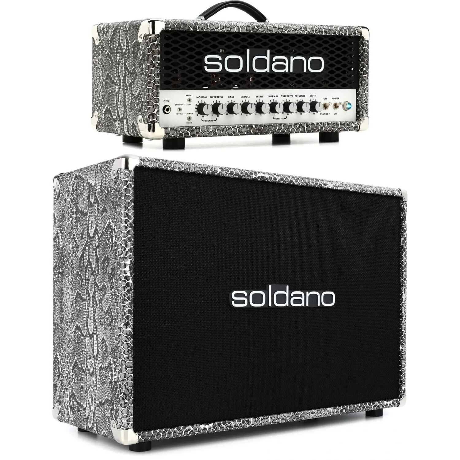 

Soldano SLO-30 Super Lead Overdrive 30-ваттная ламповая головка с кабинетом 2x12 мощностью 120 Вт — змеиная кожа