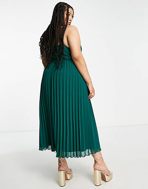 

Зеленое платье миди на бретелях со складками и поясом ASOS DESIGN Curve, Зеленый
