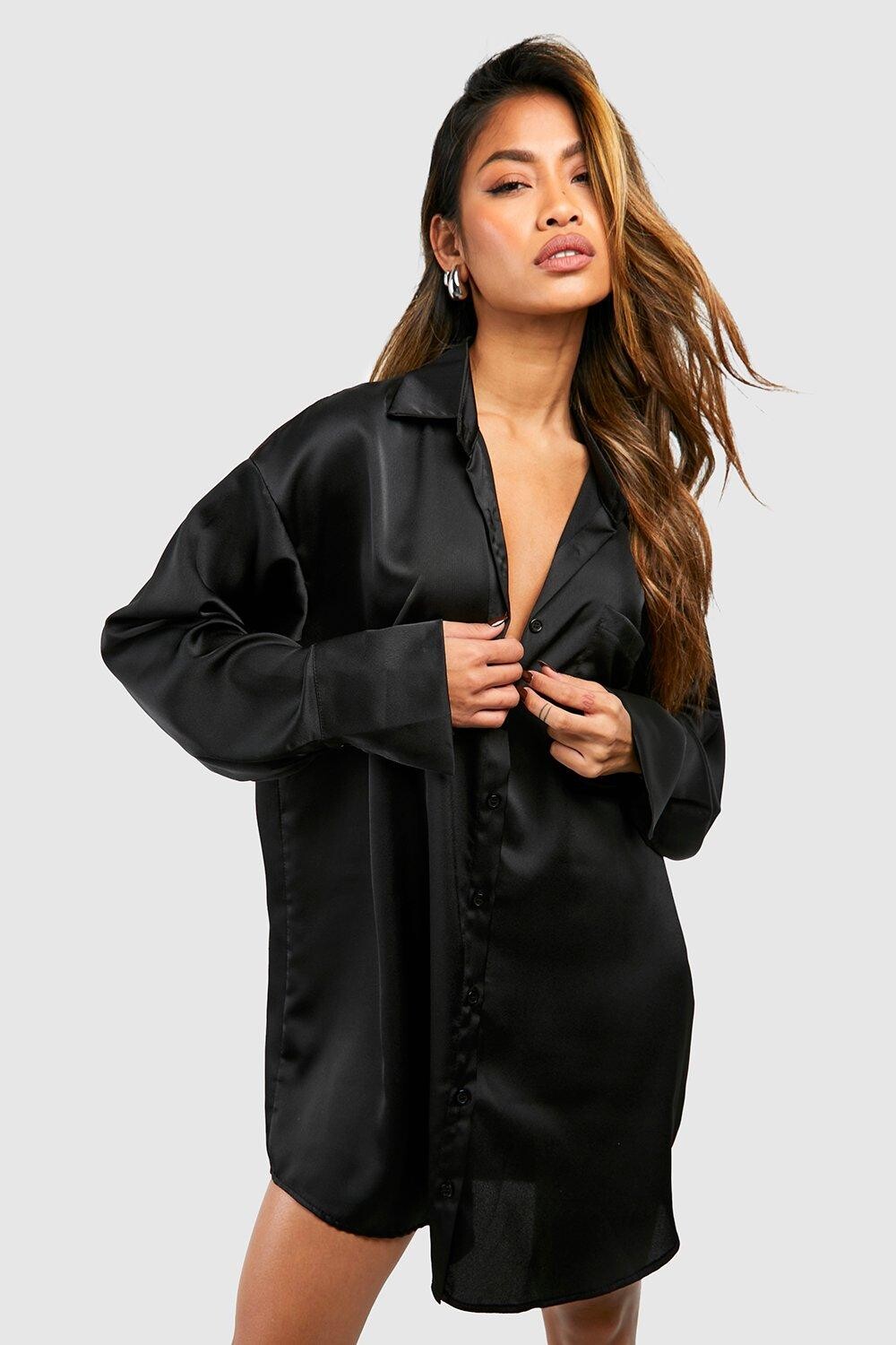 

Атласное платье-рубашка облегающего кроя с карманами boohoo, черный